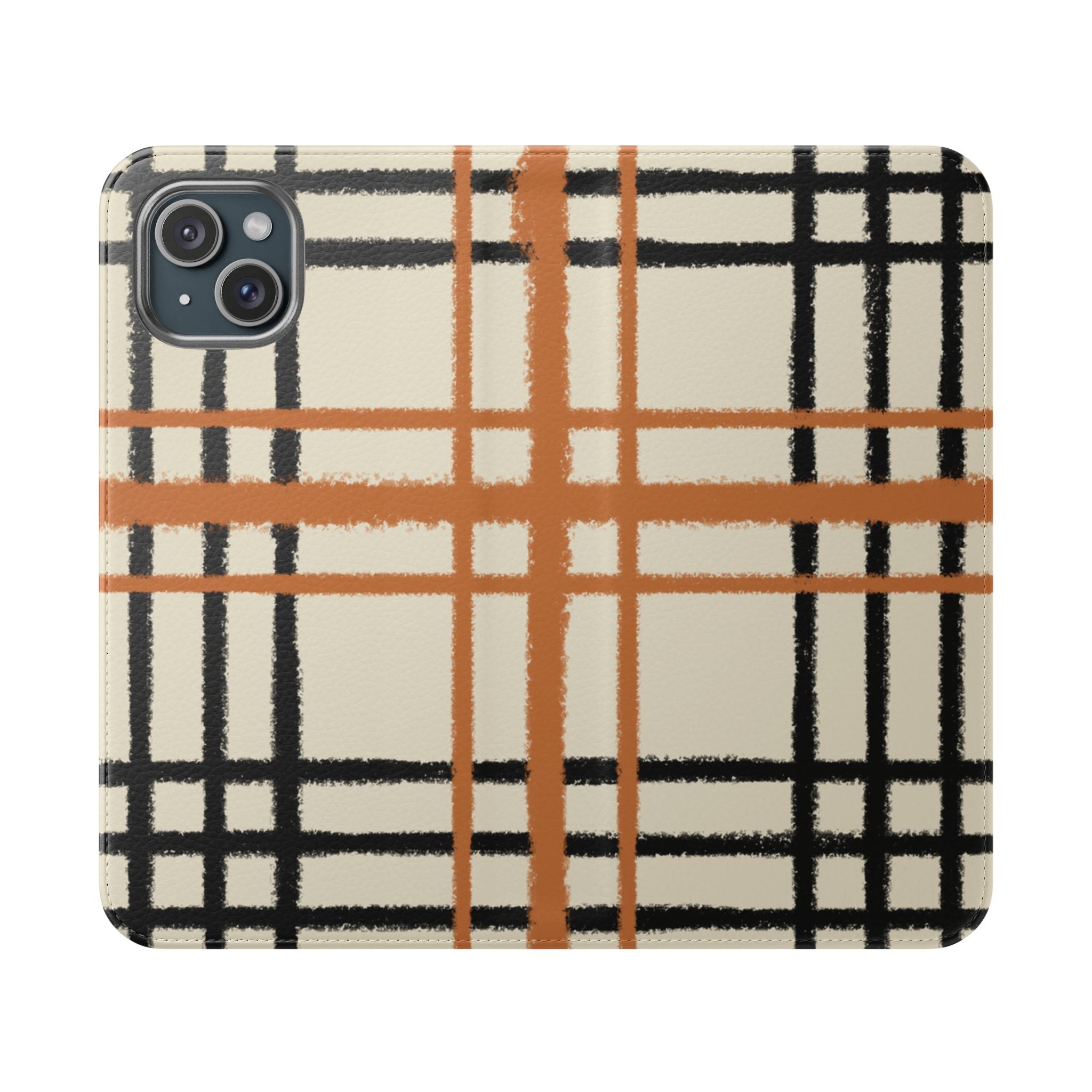 Black and Orange Plaid Flip Cases, Artsulli - Art is Long, Life is Short, Phone Case, Size, iPhone 15 Plus, , , , , 15751989747835437293