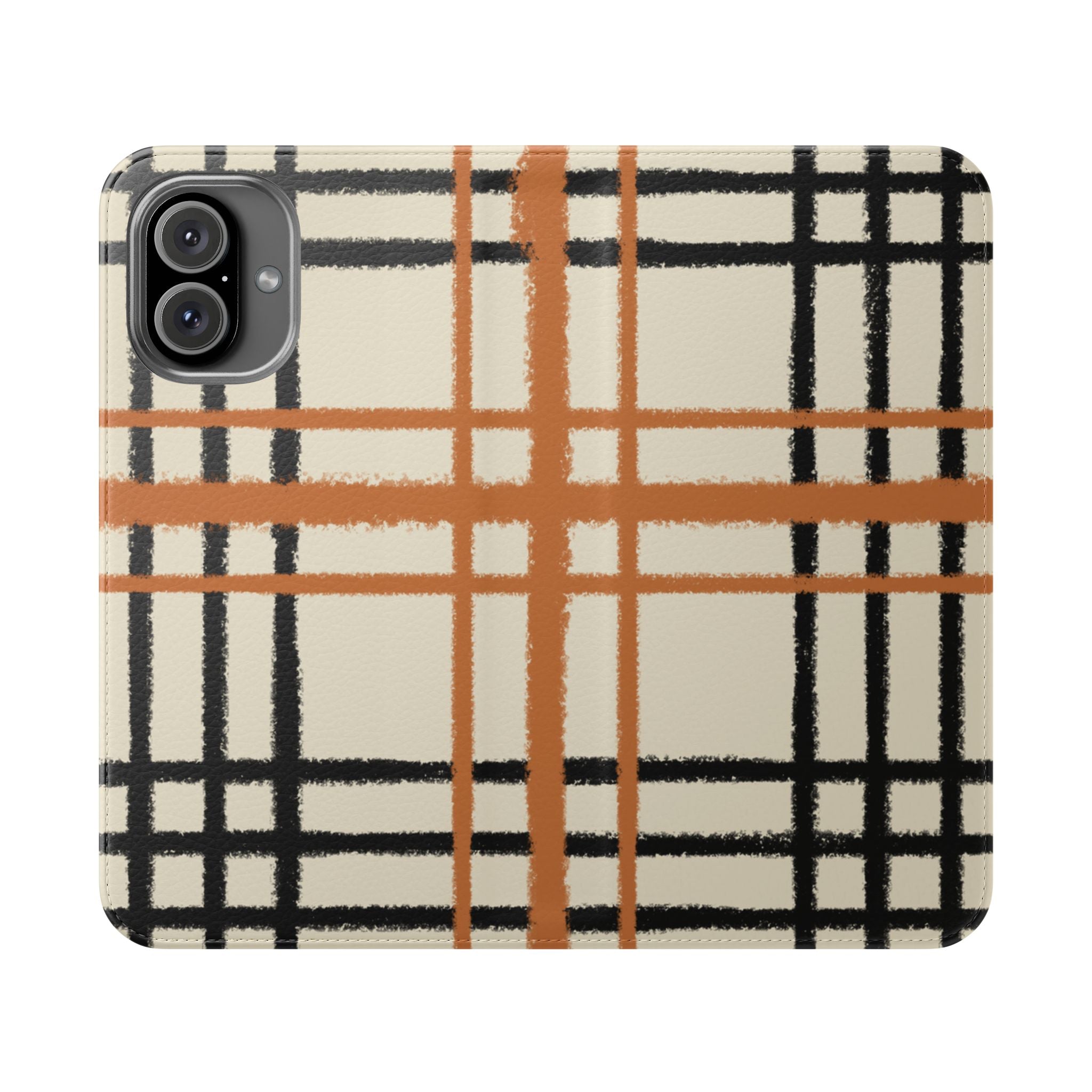Black and Orange Plaid Flip Cases, Artsulli - Art is Long, Life is Short, Phone Case, Size, iPhone 16 Plus, , , , , 25842542943012775696