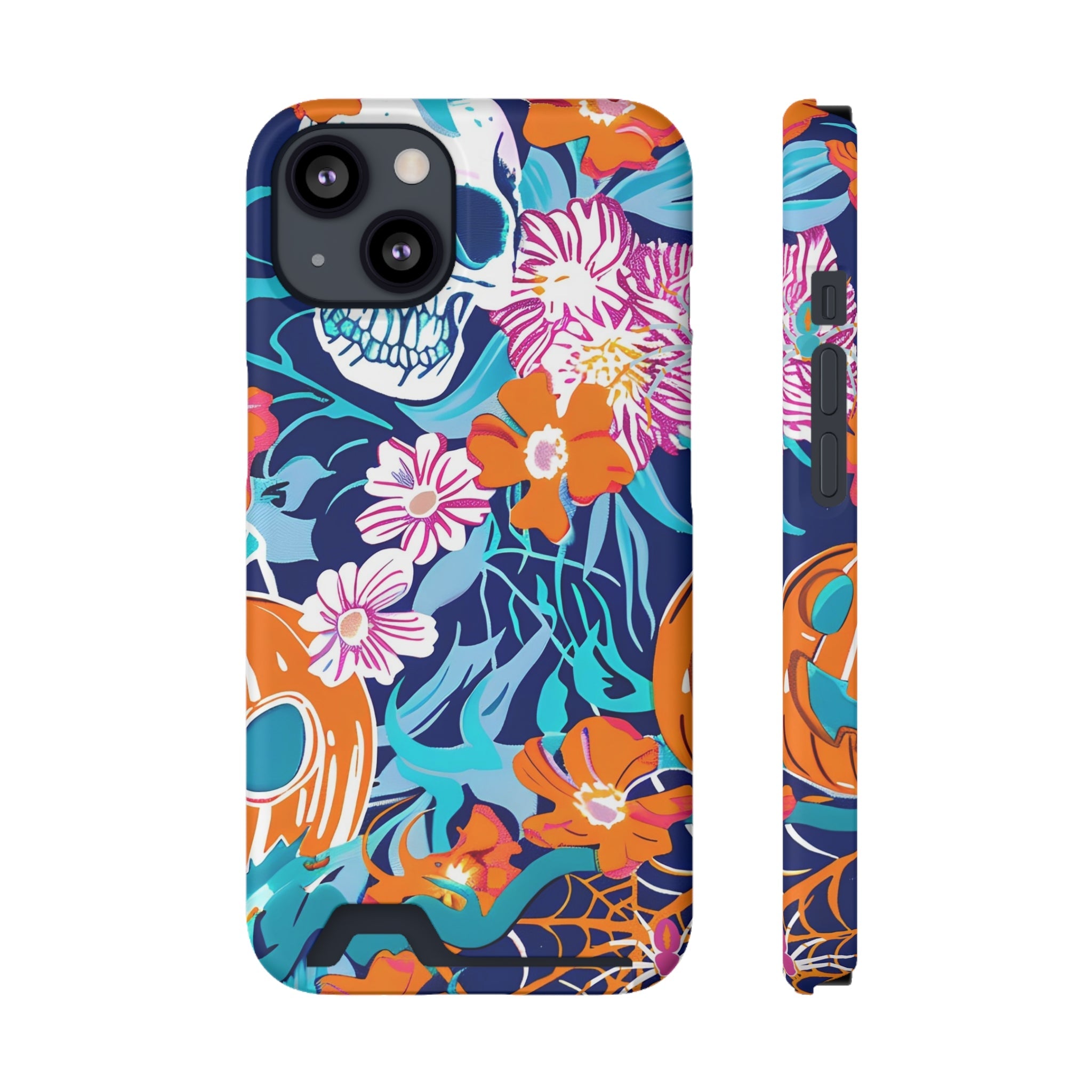 Blue and Orange Floral Skull Card Case, Artsulli - Art is Long, Life is Short, Phone Case, Size, iPhone 13, Surface, Matte, Shape, With gift packaging, 23463889894692975000