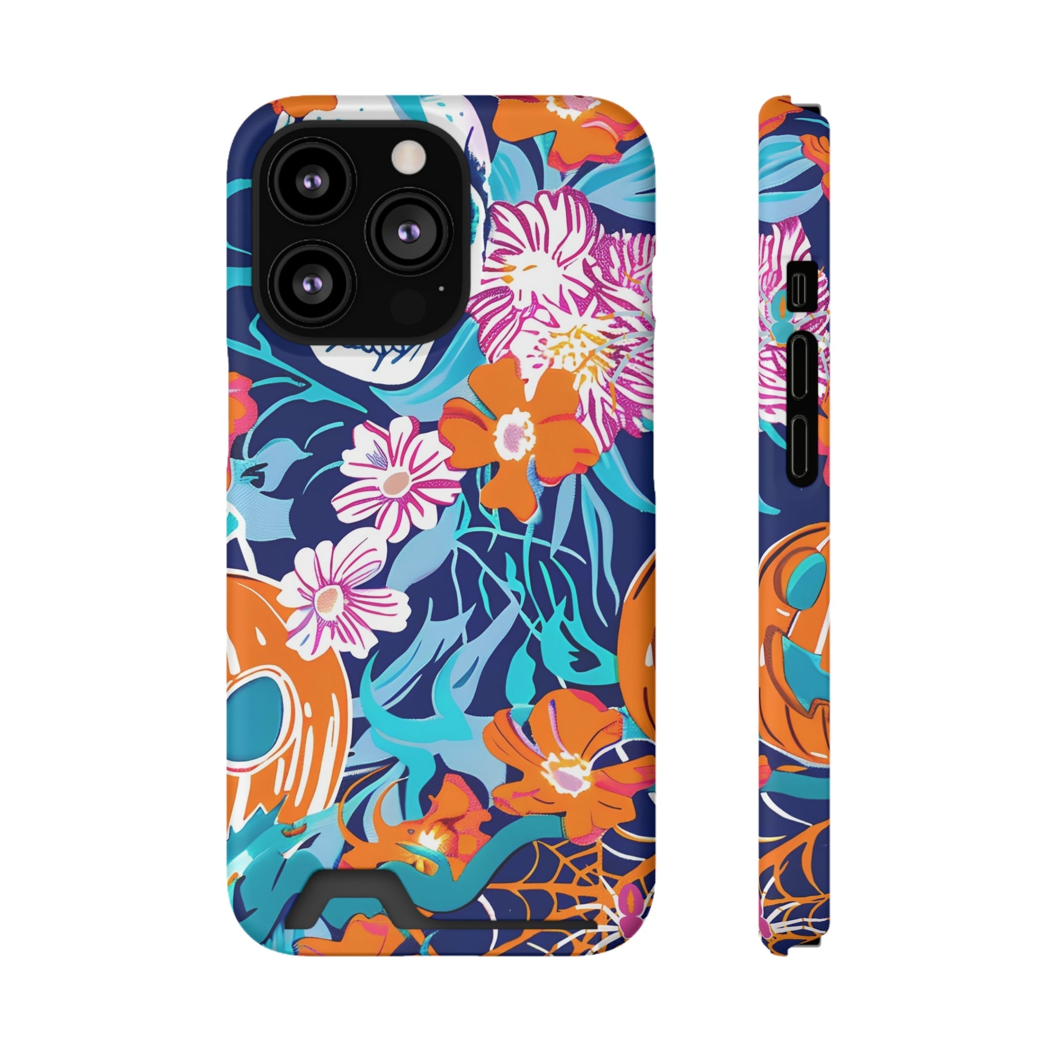 Blue and Orange Floral Skull Card Case, Artsulli - Art is Long, Life is Short, Phone Case, Size, iPhone 13 Pro, Surface, Matte, Shape, With gift packaging, 23781151902384161682
