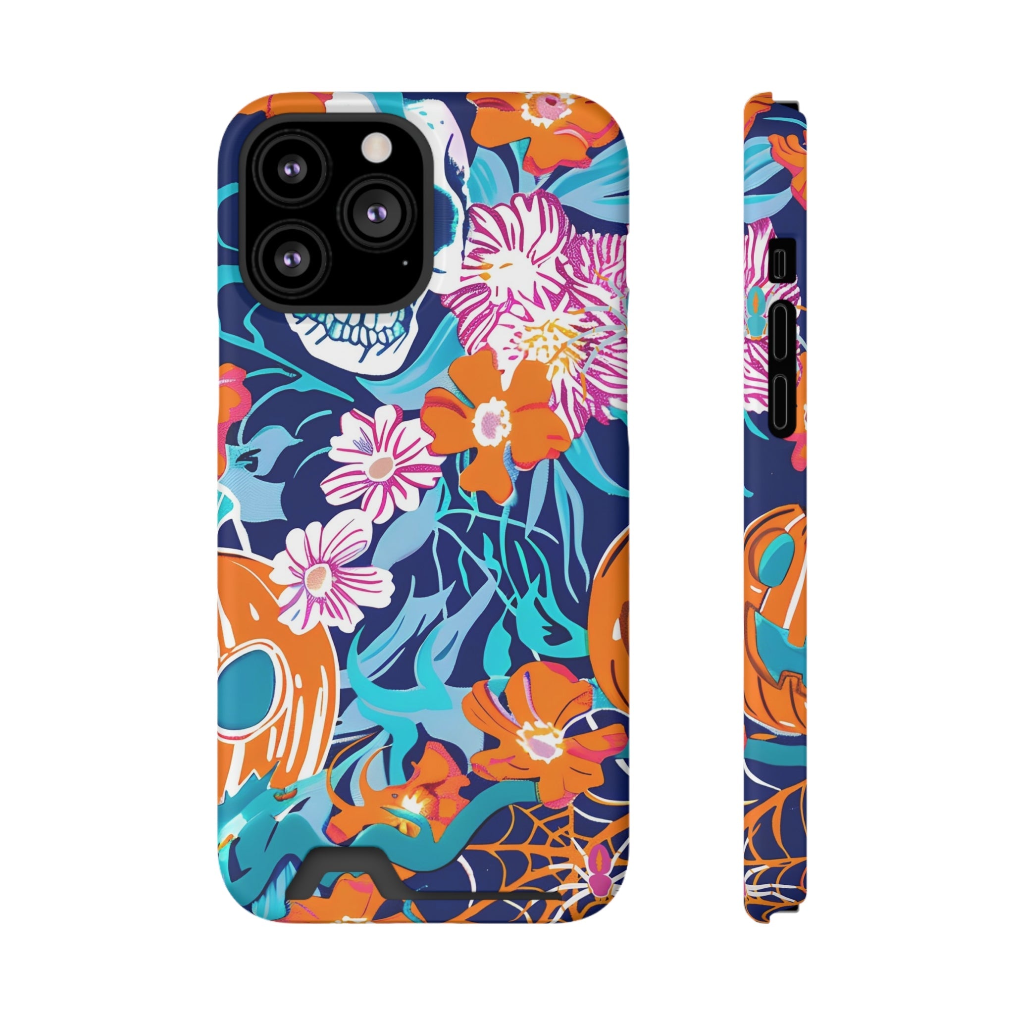 Blue and Orange Floral Skull Card Case, Artsulli - Art is Long, Life is Short, Phone Case, Size, iPhone 13 Pro Max, Surface, Matte, Shape, Without gift packaging, 36659957912621291330
