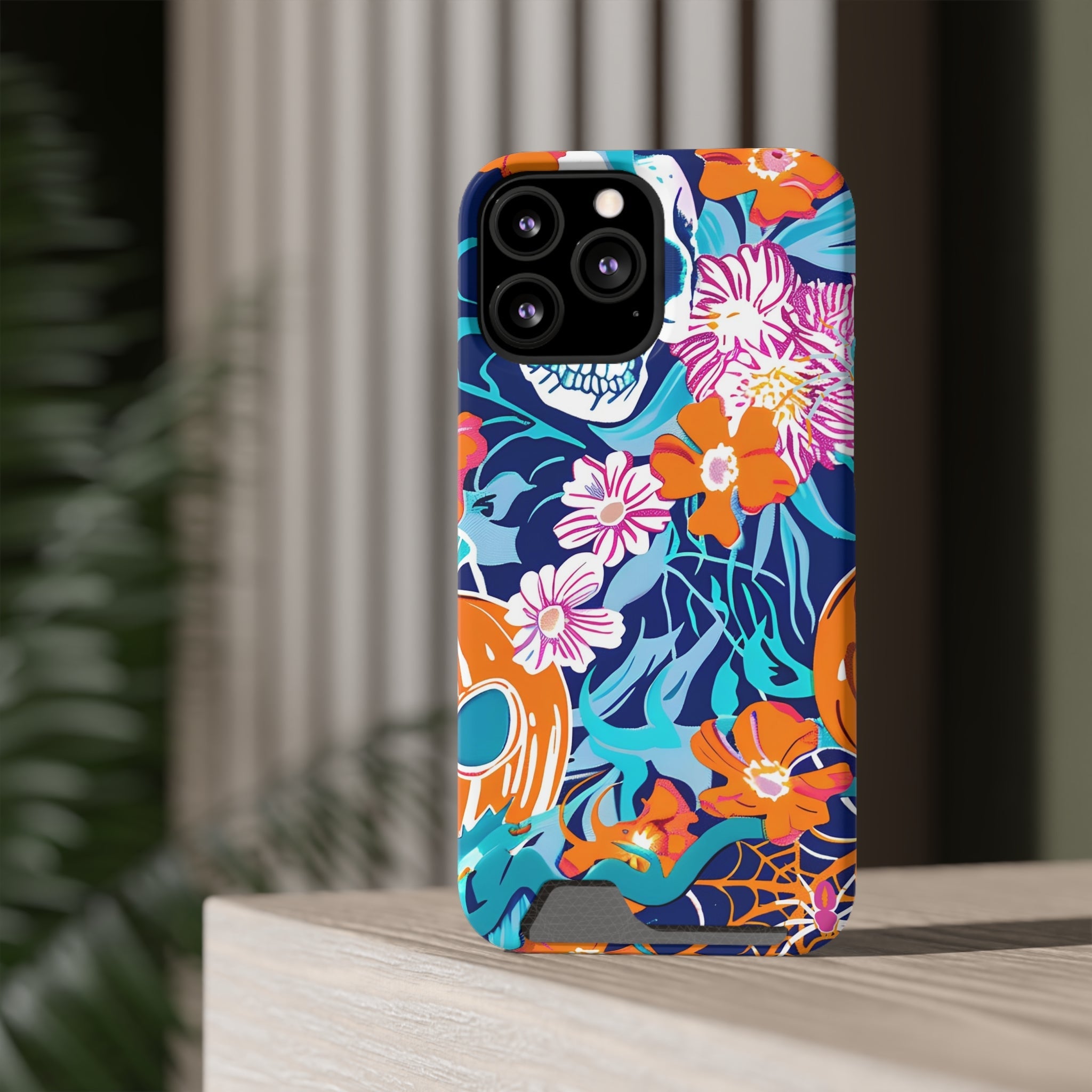 Blue and Orange Floral Skull Card Case, Artsulli - Art is Long, Life is Short, Phone Case, , , , , , ,