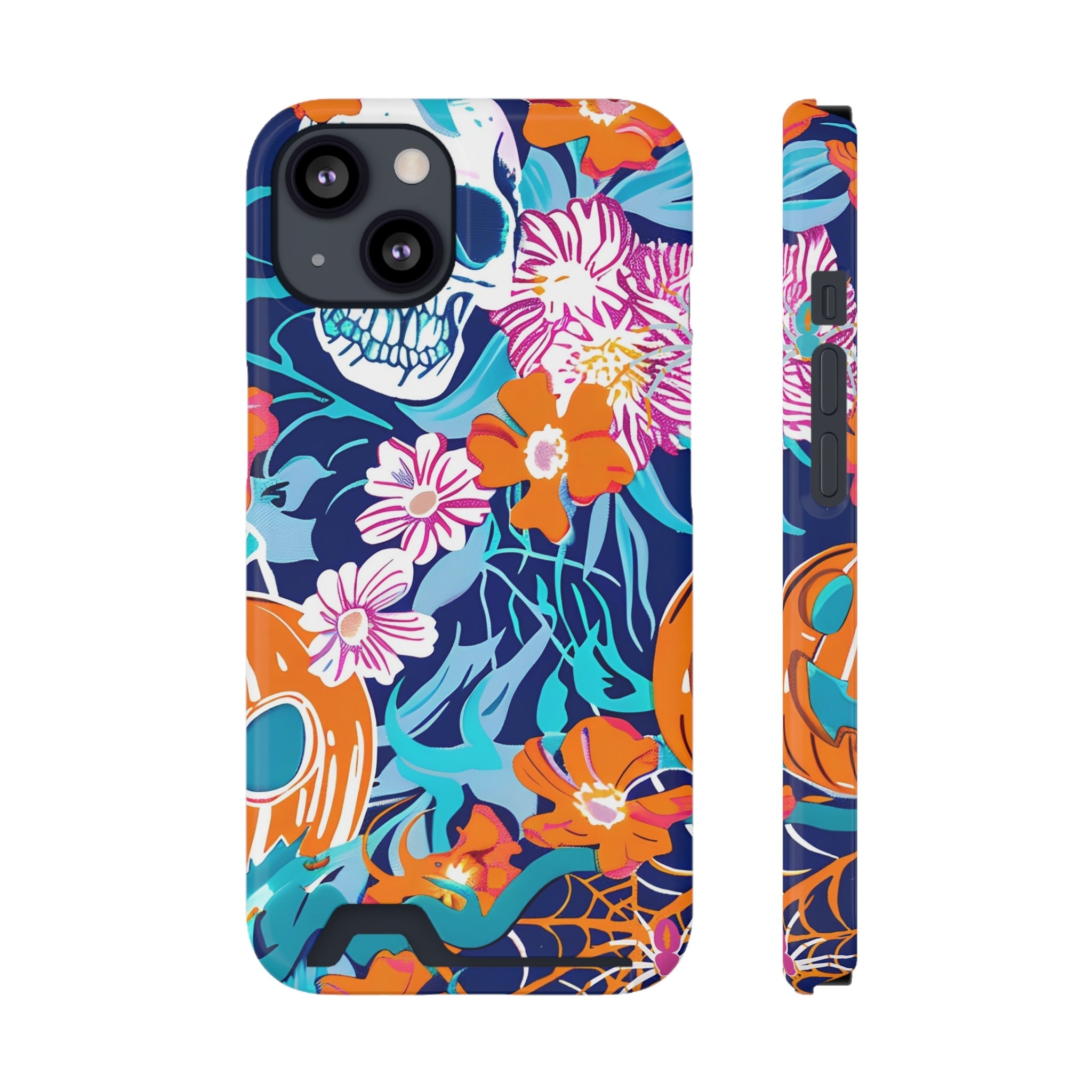 Blue and Orange Floral Skull Card Case, Artsulli - Art is Long, Life is Short, Phone Case, Size, iPhone 13, Surface, Glossy, Shape, With gift packaging, 22174729169539084242