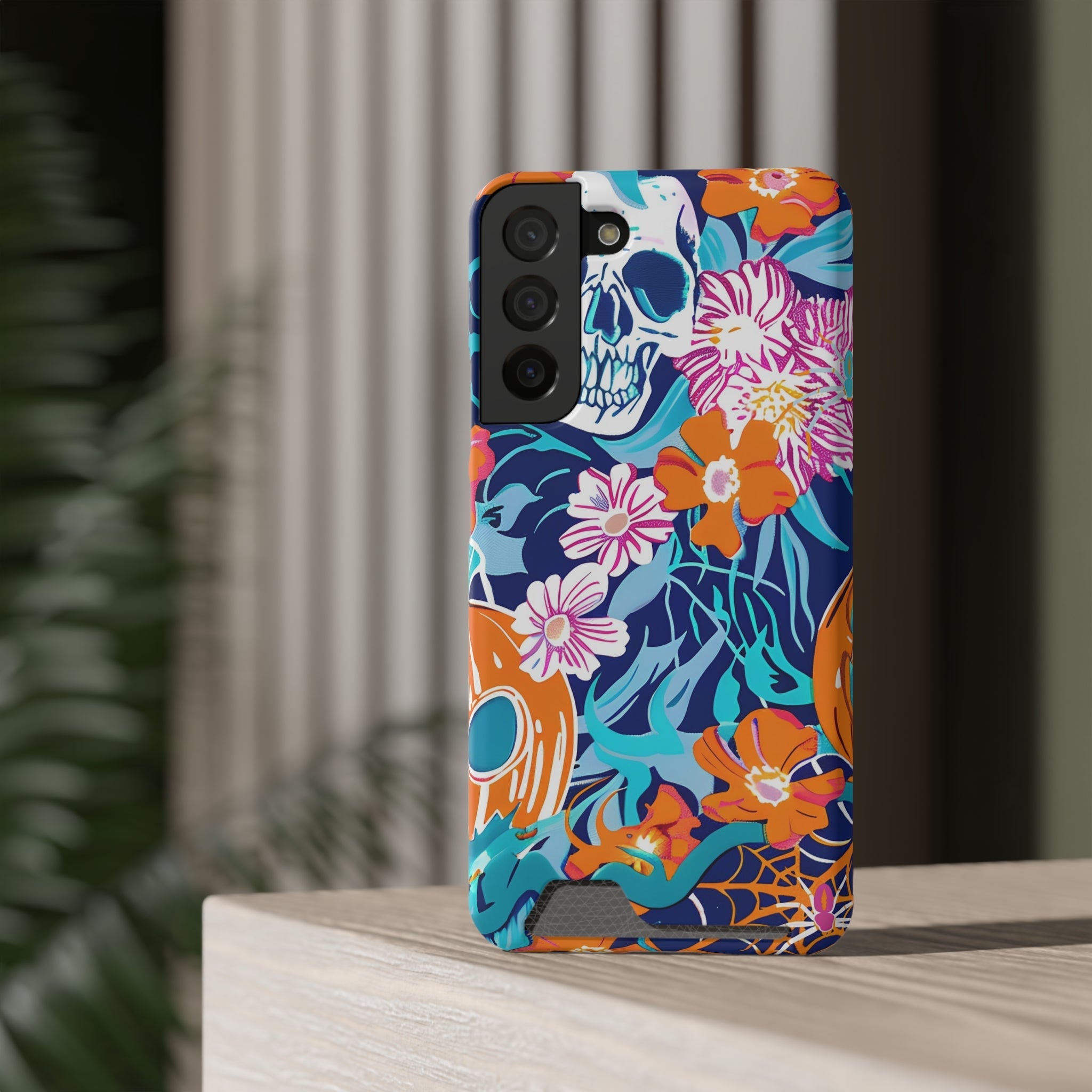 Blue and Orange Floral Skull Card Case, Artsulli - Art is Long, Life is Short, Phone Case, , , , , , ,
