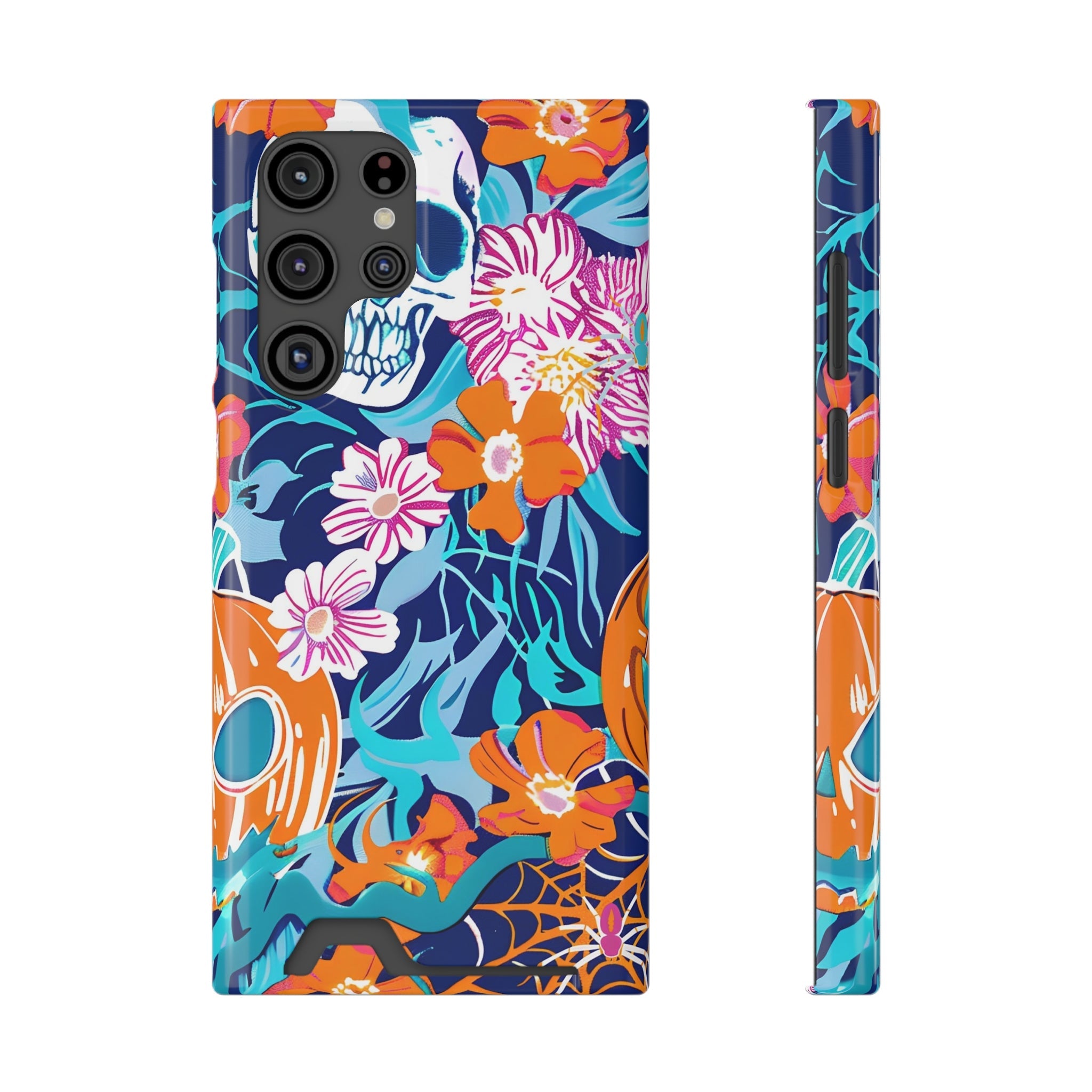 Blue and Orange Floral Skull Card Case, Artsulli - Art is Long, Life is Short, Phone Case, Size, Samsung Galaxy S22 Ultra, Surface, Glossy, Shape, With gift packaging, 78720271018310281662