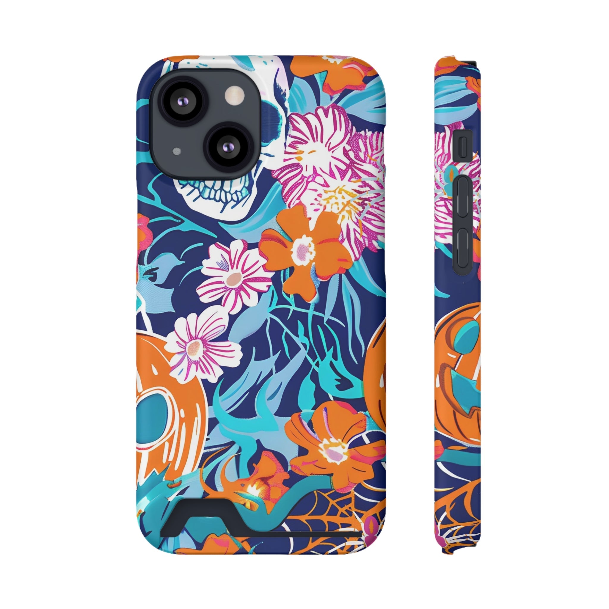 Blue and Orange Floral Skull Card Case, Artsulli - Art is Long, Life is Short, Phone Case, Size, iPhone 13 Mini, Surface, Matte, Shape, Without gift packaging, 26549661253606040616
