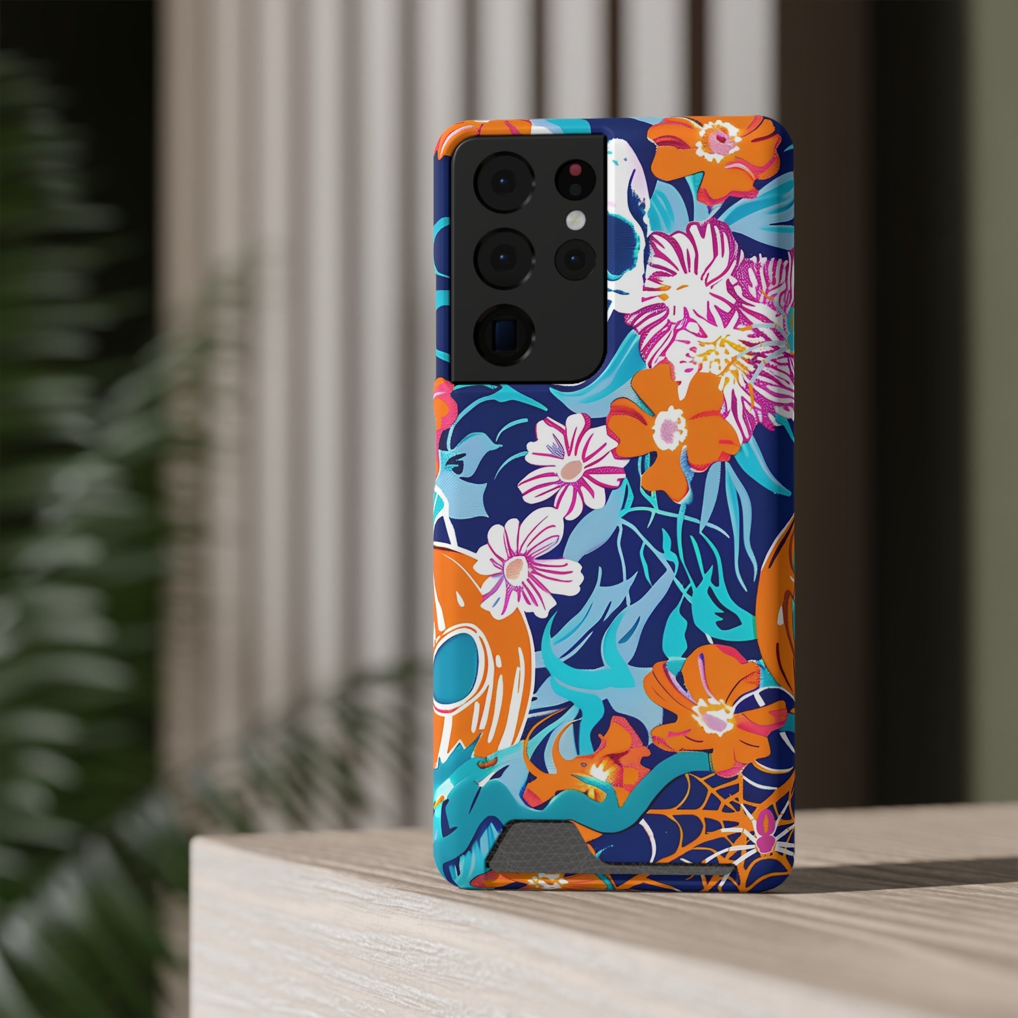 Blue and Orange Floral Skull Card Case, Artsulli - Art is Long, Life is Short, Phone Case, , , , , , ,