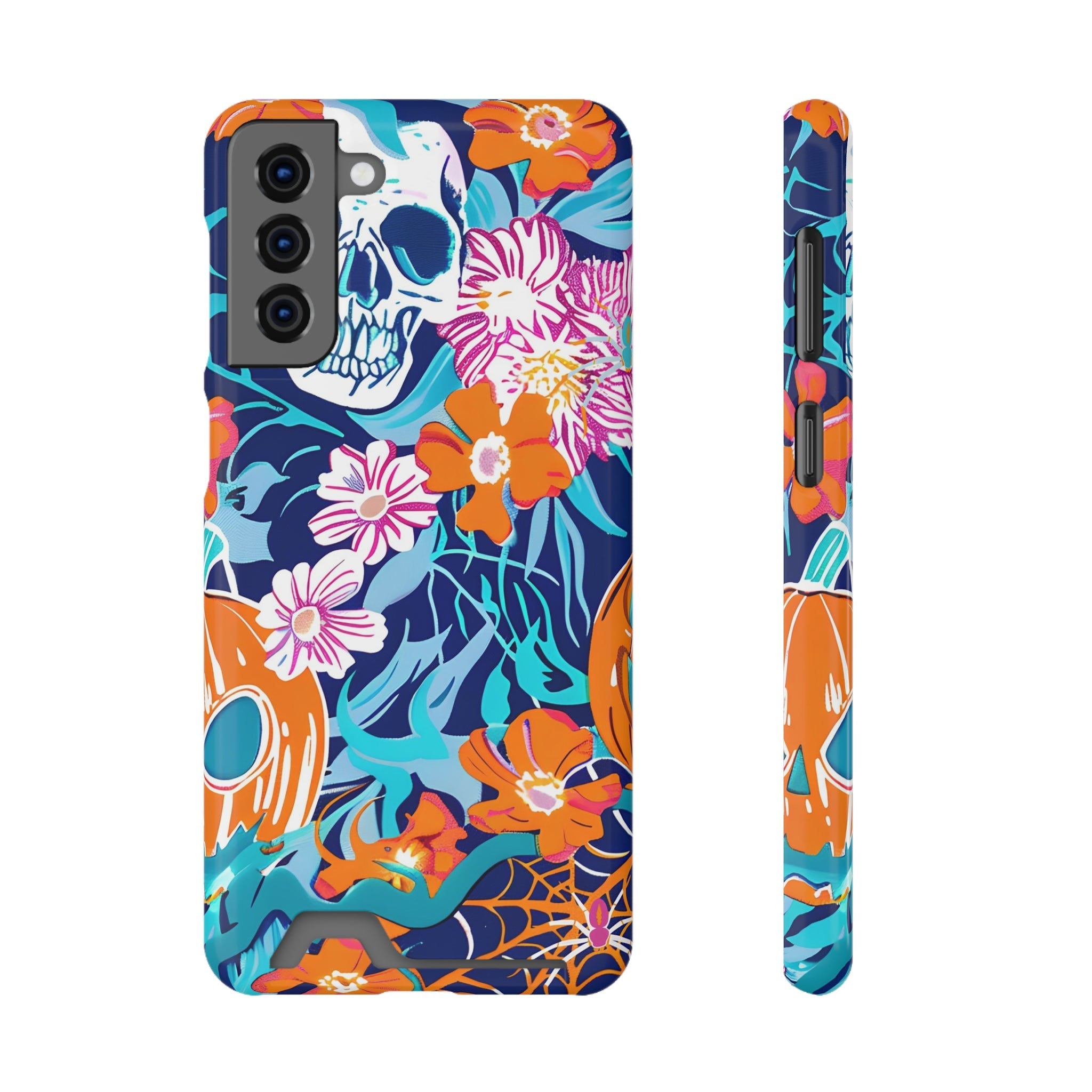 Blue and Orange Floral Skull Card Case, Artsulli - Art is Long, Life is Short, Phone Case, Size, Samsung Galaxy S21 Plus, Surface, Glossy, Shape, With gift packaging, 24028992156290810860