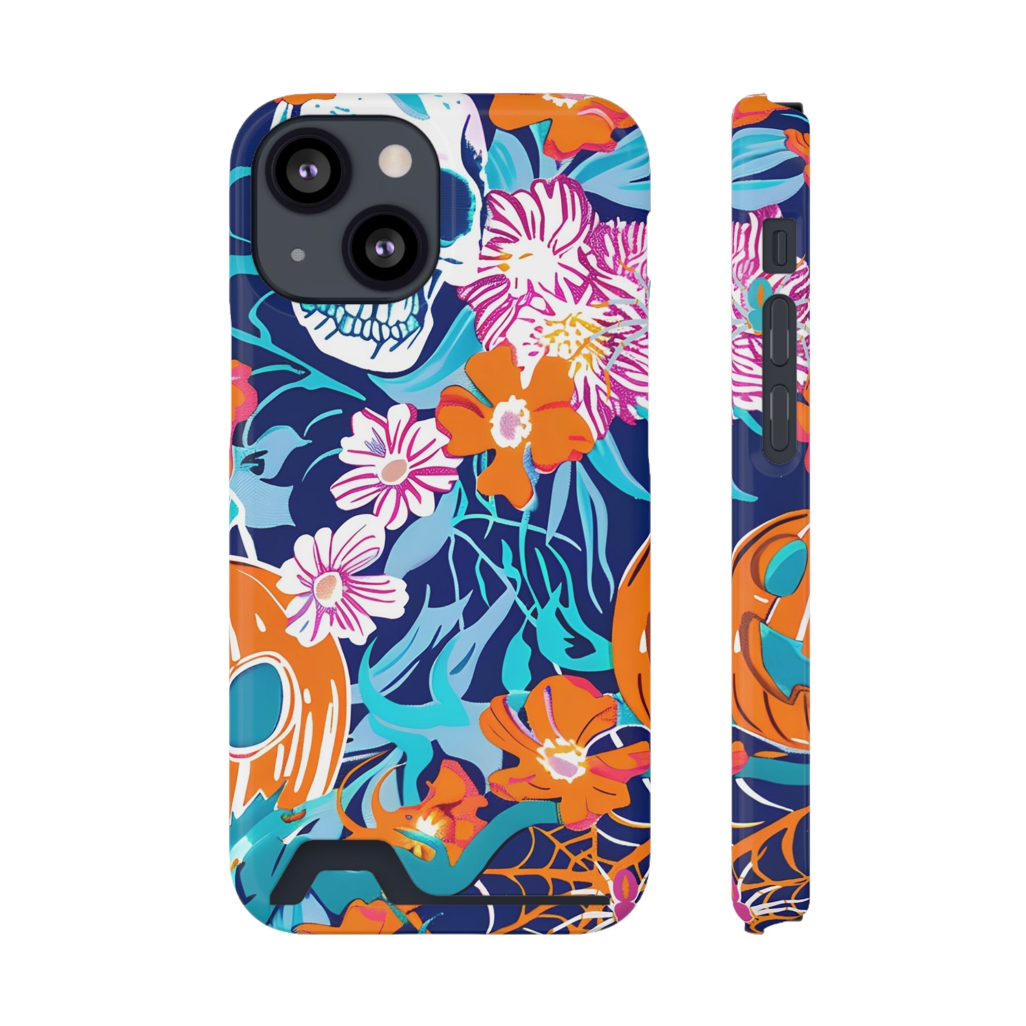 Blue and Orange Floral Skull Card Case, Artsulli - Art is Long, Life is Short, Phone Case, Size, iPhone 13 Mini, Surface, Glossy, Shape, Without gift packaging, 22567292538214603643