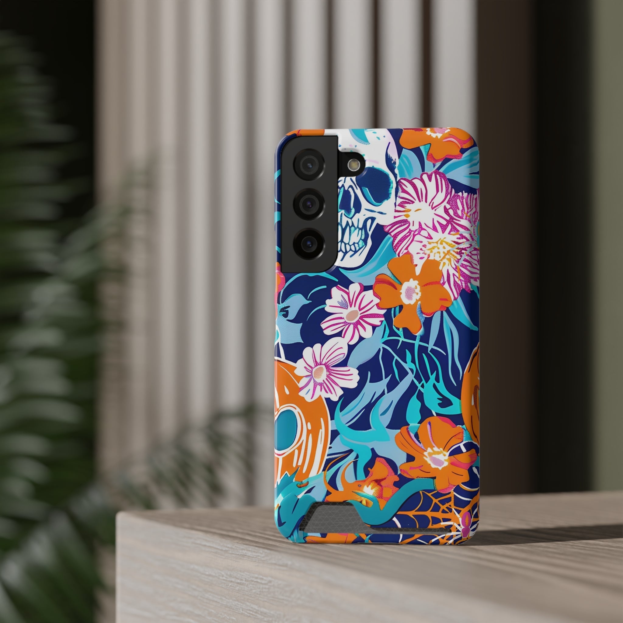 Blue and Orange Floral Skull Card Case, Artsulli - Art is Long, Life is Short, Phone Case, , , , , , ,