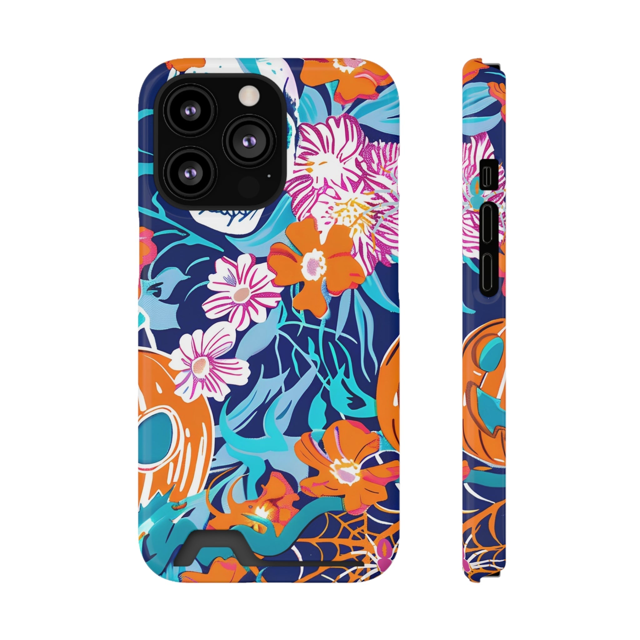 Blue and Orange Floral Skull Card Case, Artsulli - Art is Long, Life is Short, Phone Case, Size, iPhone 13 Pro, Surface, Glossy, Shape, With gift packaging, 79986940349871639373