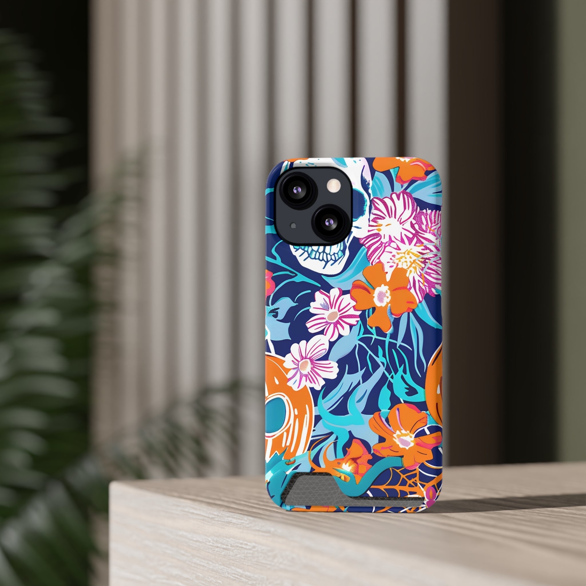 Blue and Orange Floral Skull Card Case, Artsulli - Art is Long, Life is Short, Phone Case, , , , , , ,