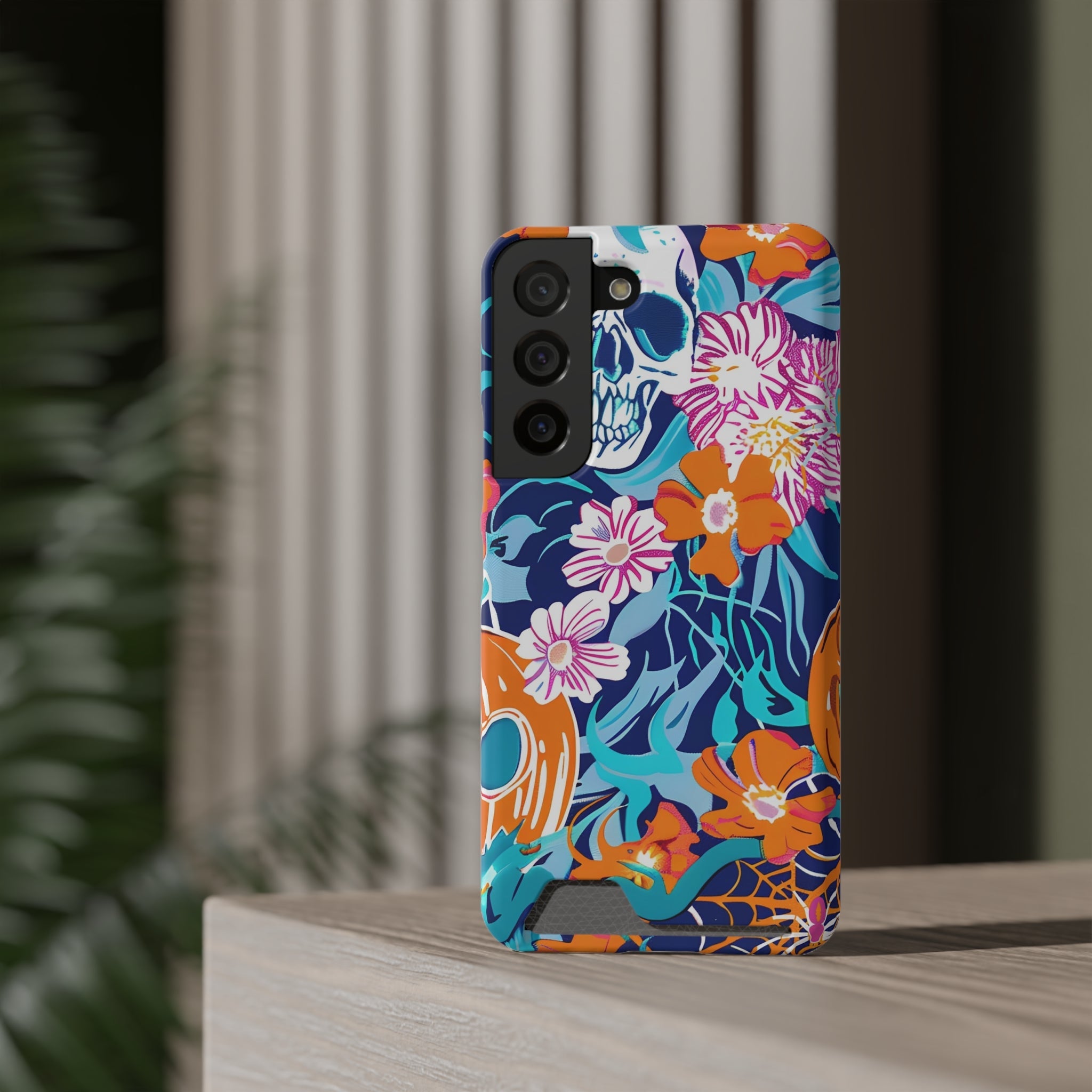 Blue and Orange Floral Skull Card Case, Artsulli - Art is Long, Life is Short, Phone Case, , , , , , ,