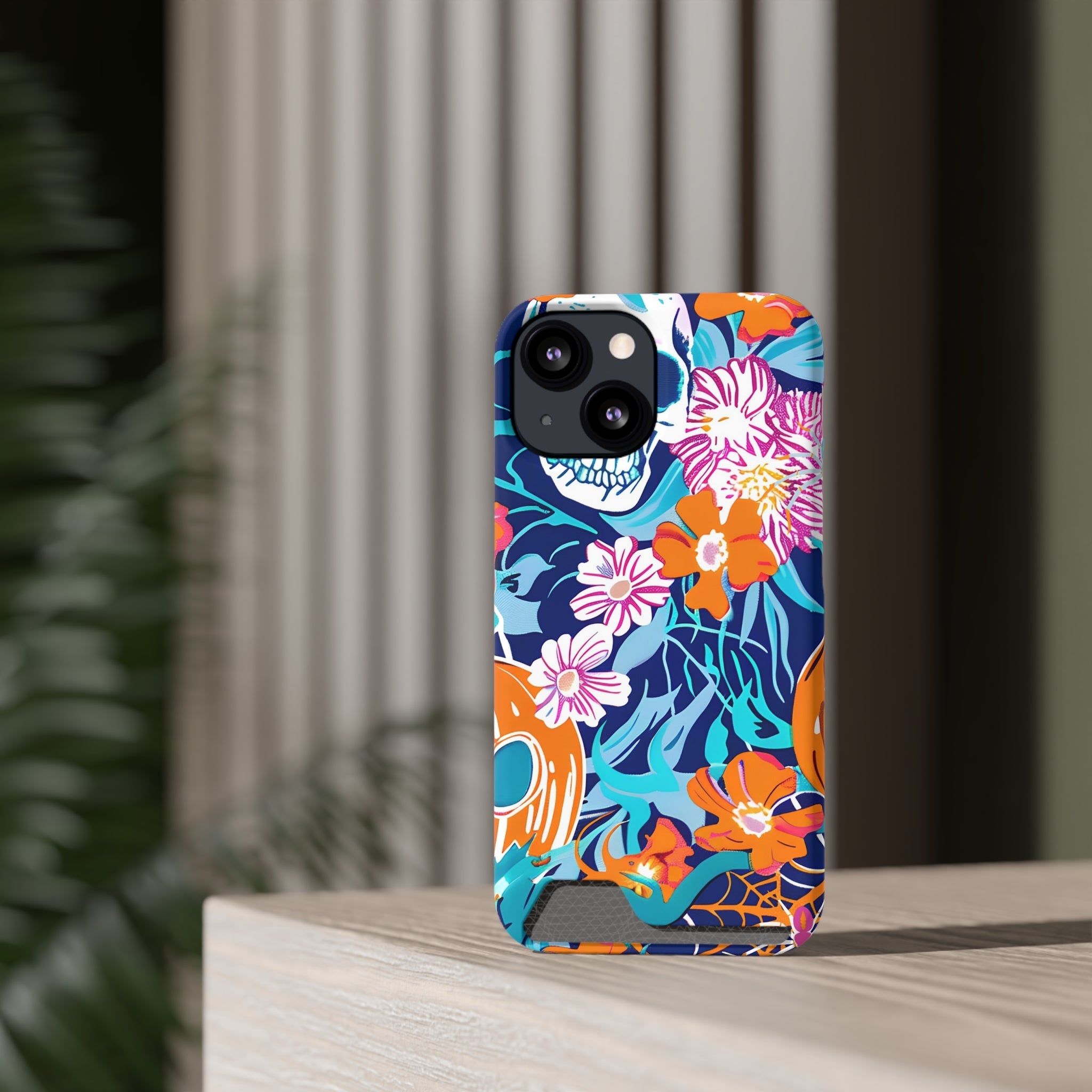 Blue and Orange Floral Skull Card Case, Artsulli - Art is Long, Life is Short, Phone Case, , , , , , ,