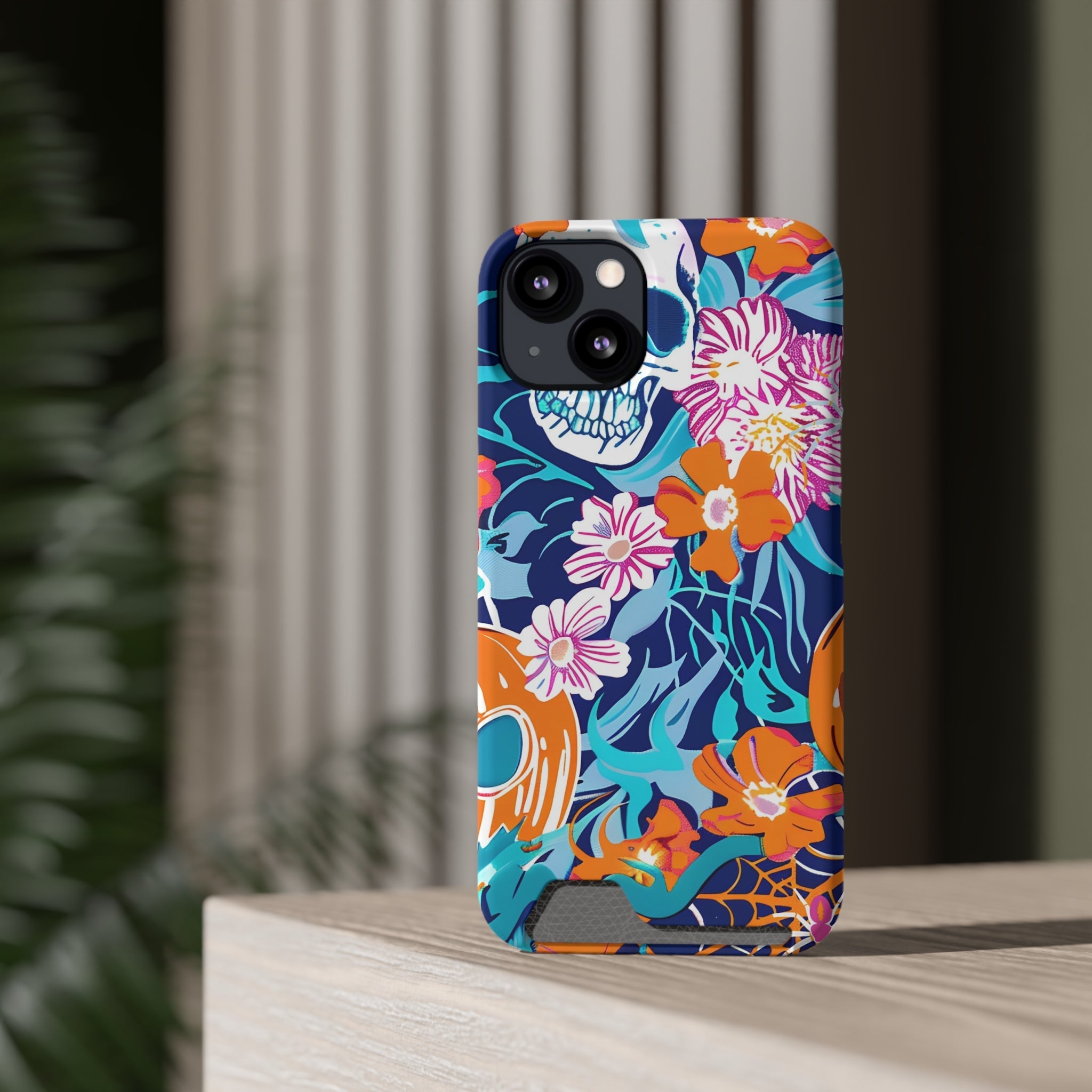 Blue and Orange Floral Skull Card Case, Artsulli - Art is Long, Life is Short, Phone Case, , , , , , ,
