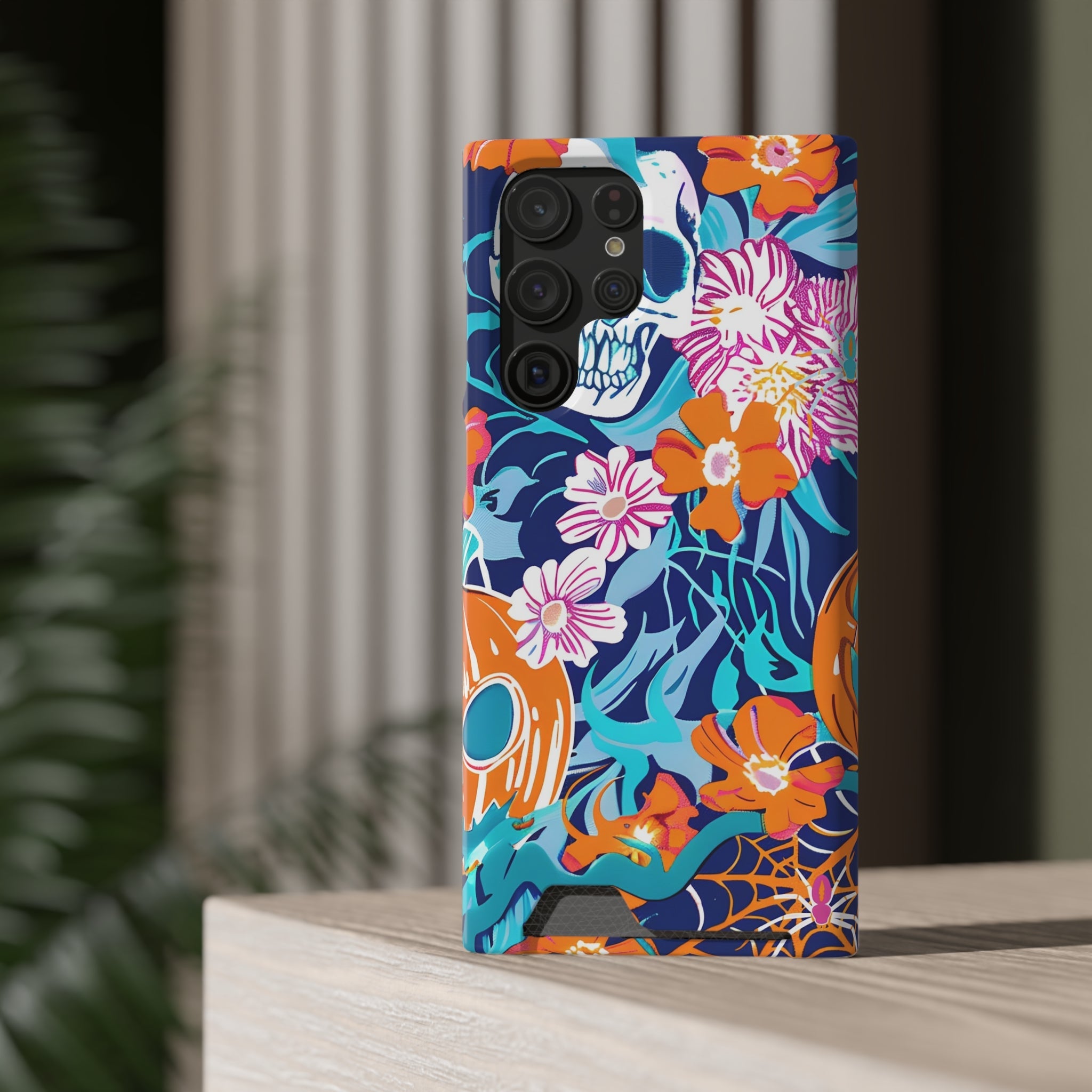 Blue and Orange Floral Skull Card Case, Artsulli - Art is Long, Life is Short, Phone Case, , , , , , ,