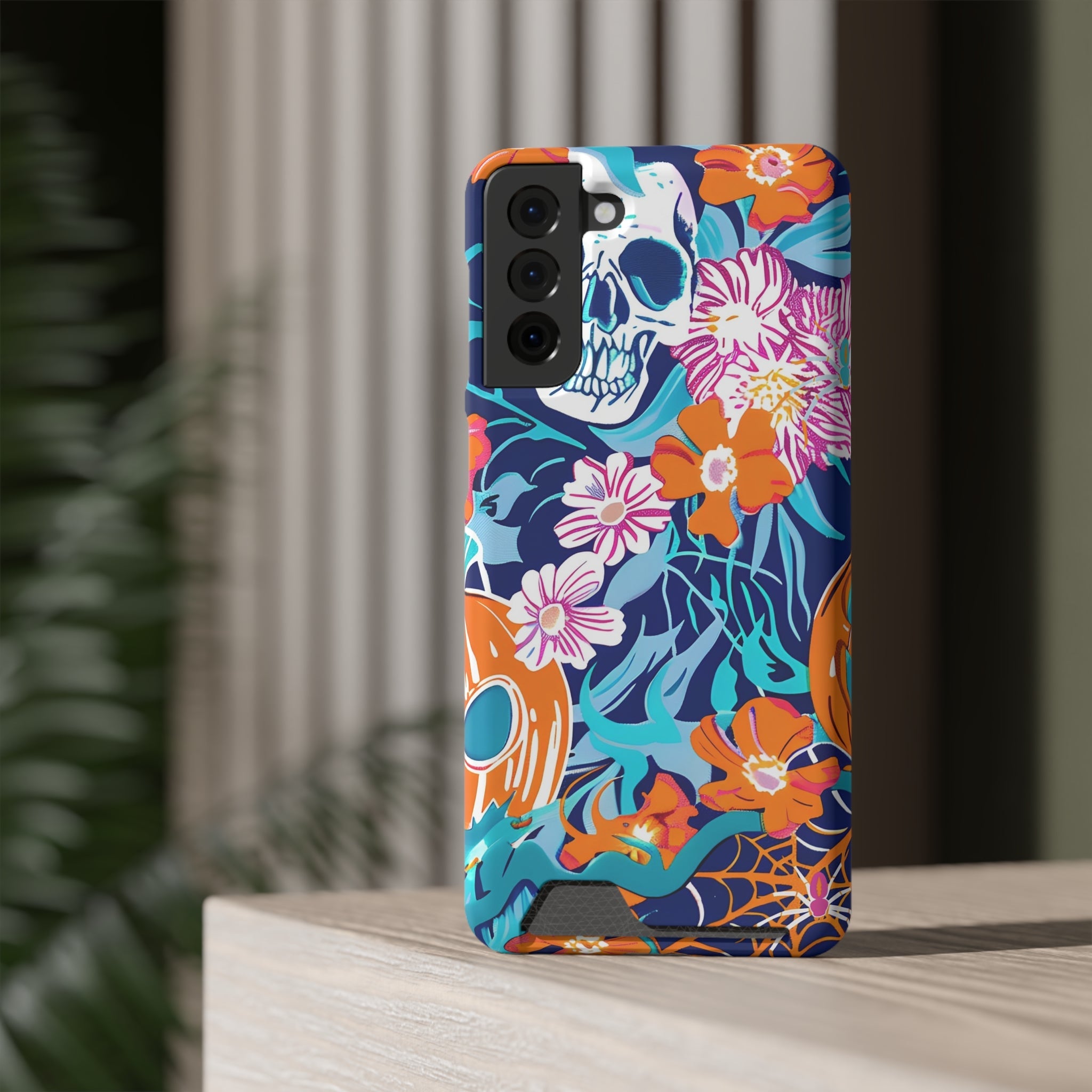 Blue and Orange Floral Skull Card Case, Artsulli - Art is Long, Life is Short, Phone Case, , , , , , ,