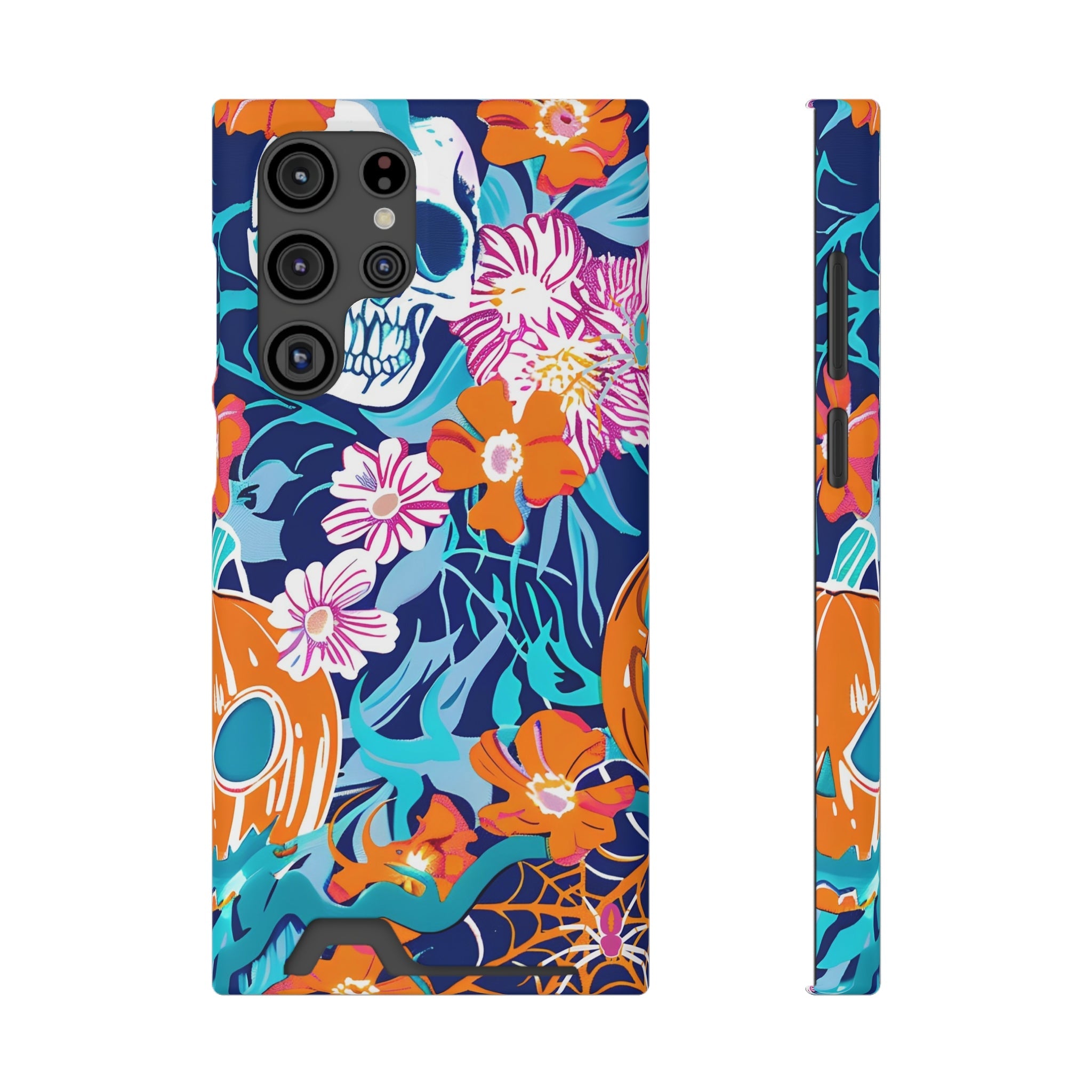 Blue and Orange Floral Skull Card Case, Artsulli - Art is Long, Life is Short, Phone Case, Size, Samsung Galaxy S22 Ultra, Surface, Matte, Shape, With gift packaging, 85209496965537011429