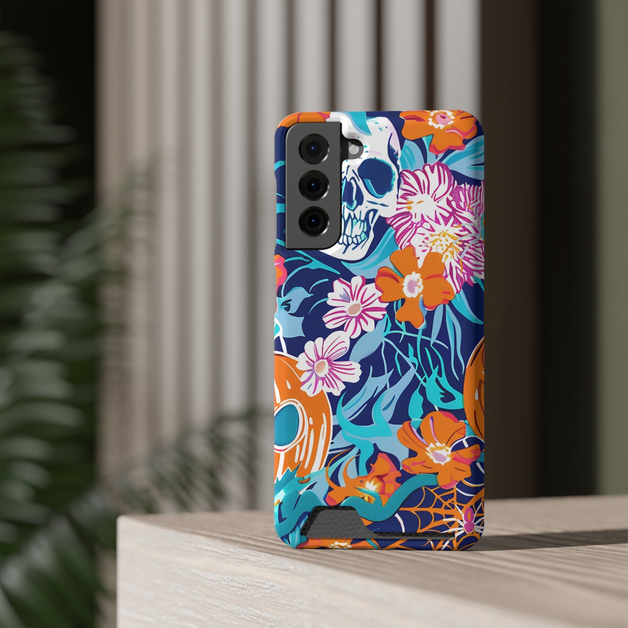 Blue and Orange Floral Skull Card Case, Artsulli - Art is Long, Life is Short, Phone Case, , , , , , ,