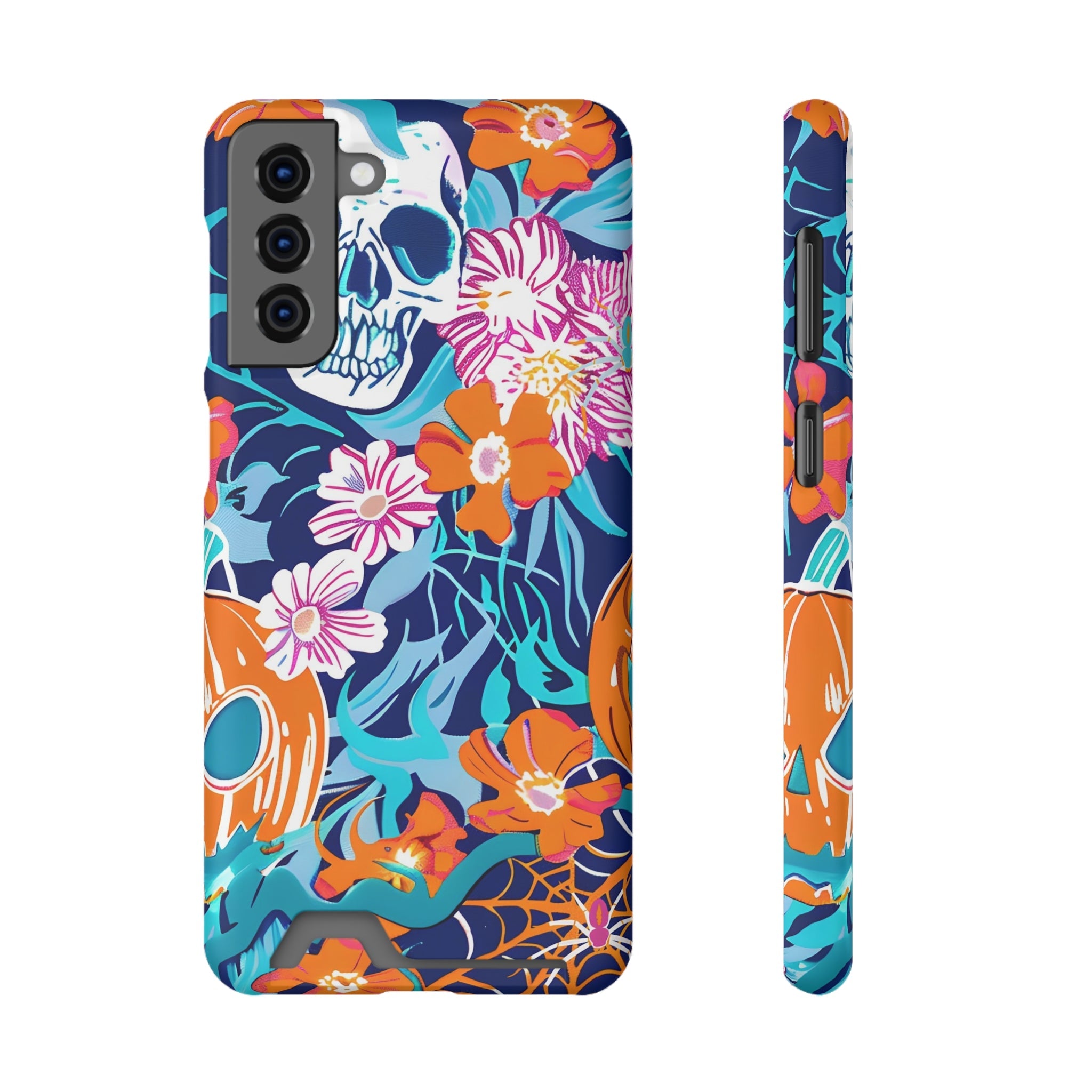 Blue and Orange Floral Skull Card Case, Artsulli - Art is Long, Life is Short, Phone Case, Size, Samsung Galaxy S21 Plus, Surface, Matte, Shape, With gift packaging, 11743022875277342933
