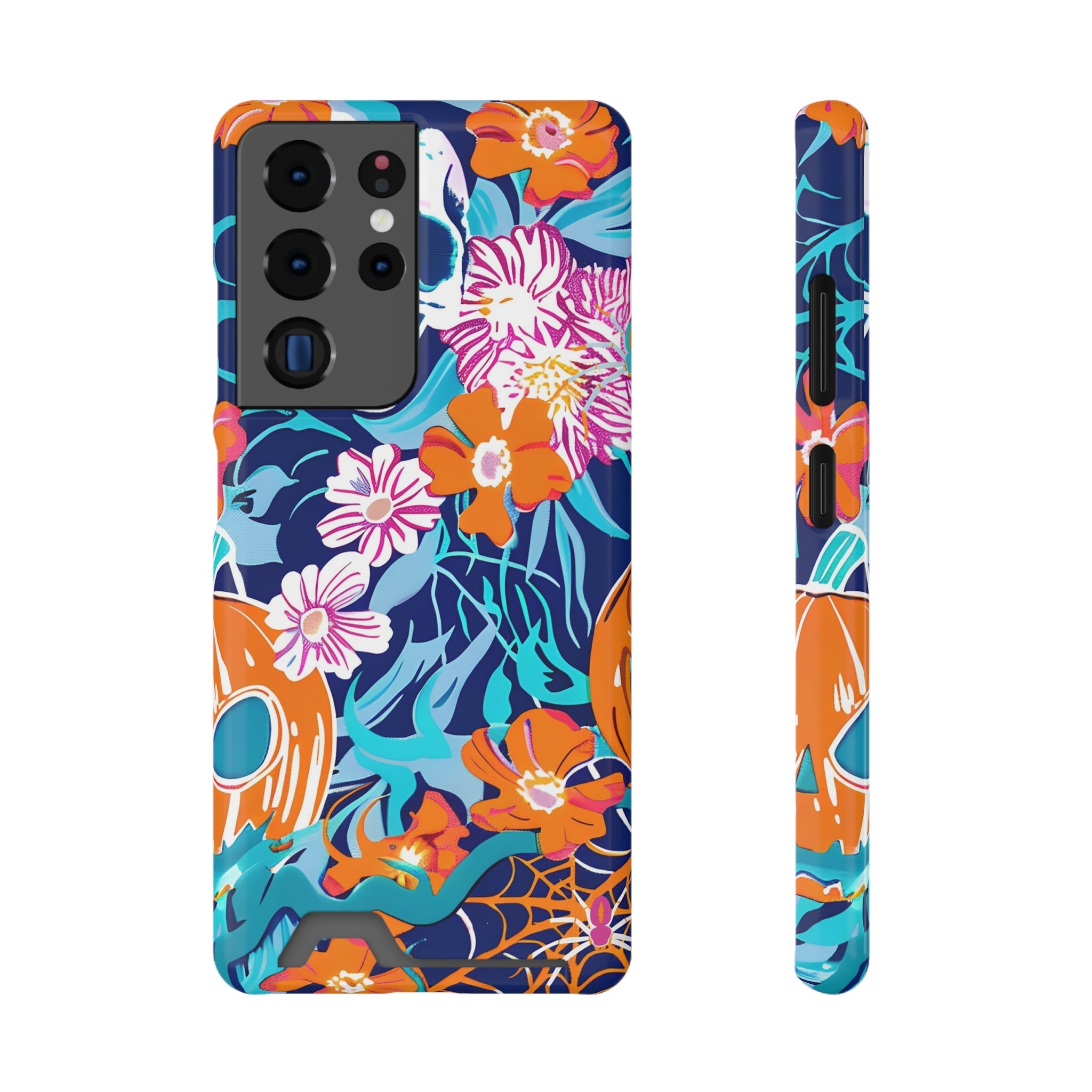 Blue and Orange Floral Skull Card Case, Artsulli - Art is Long, Life is Short, Phone Case, Size, Samsung Galaxy S21 Ultra, Surface, Glossy, Shape, Without gift packaging, 63019437555679532128