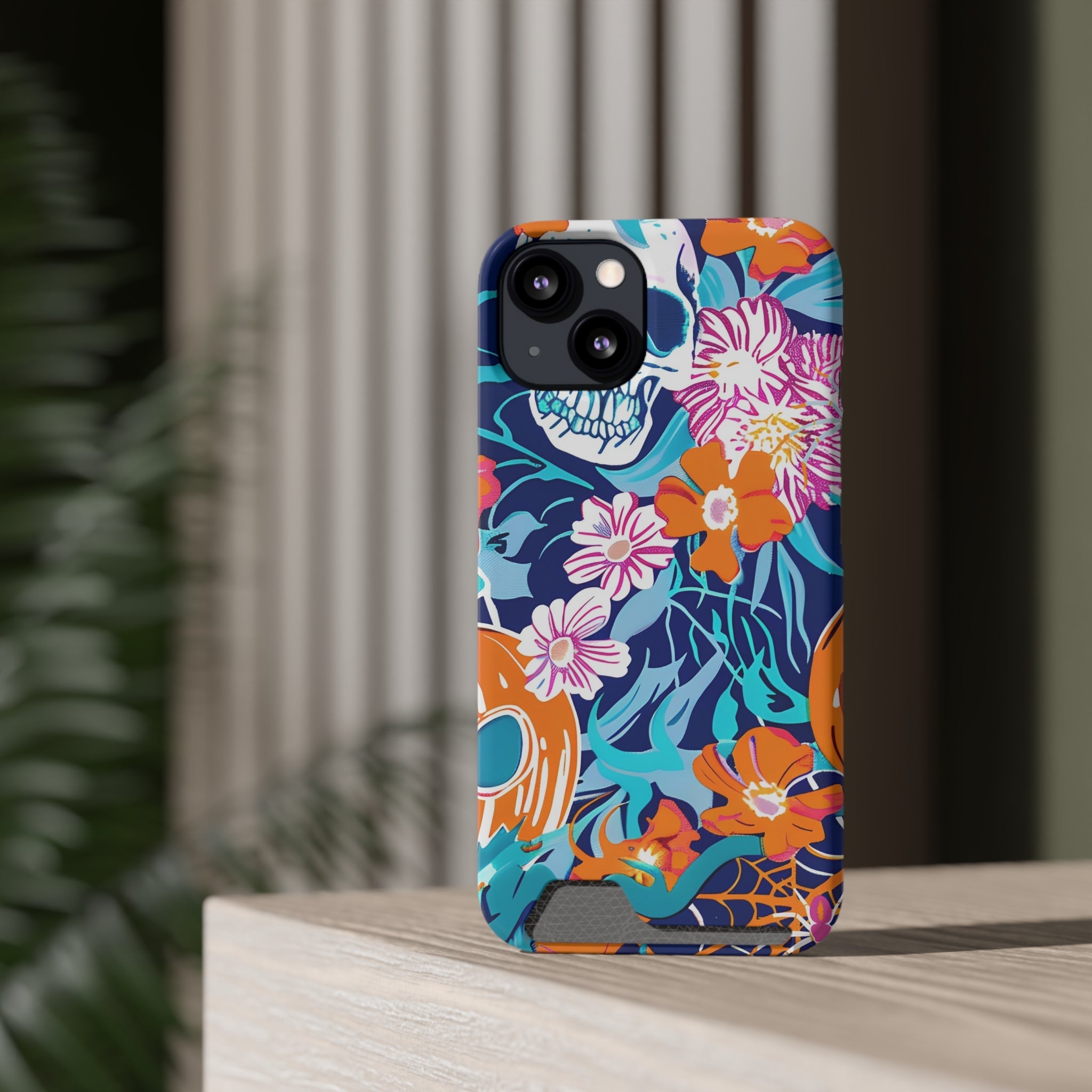 Blue and Orange Floral Skull Card Case, Artsulli - Art is Long, Life is Short, Phone Case, , , , , , ,