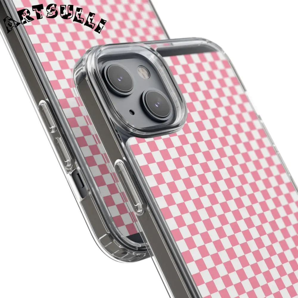 JAKKOUTTHEBXX Pink and White Checkered Clear Case for iPhone 2025