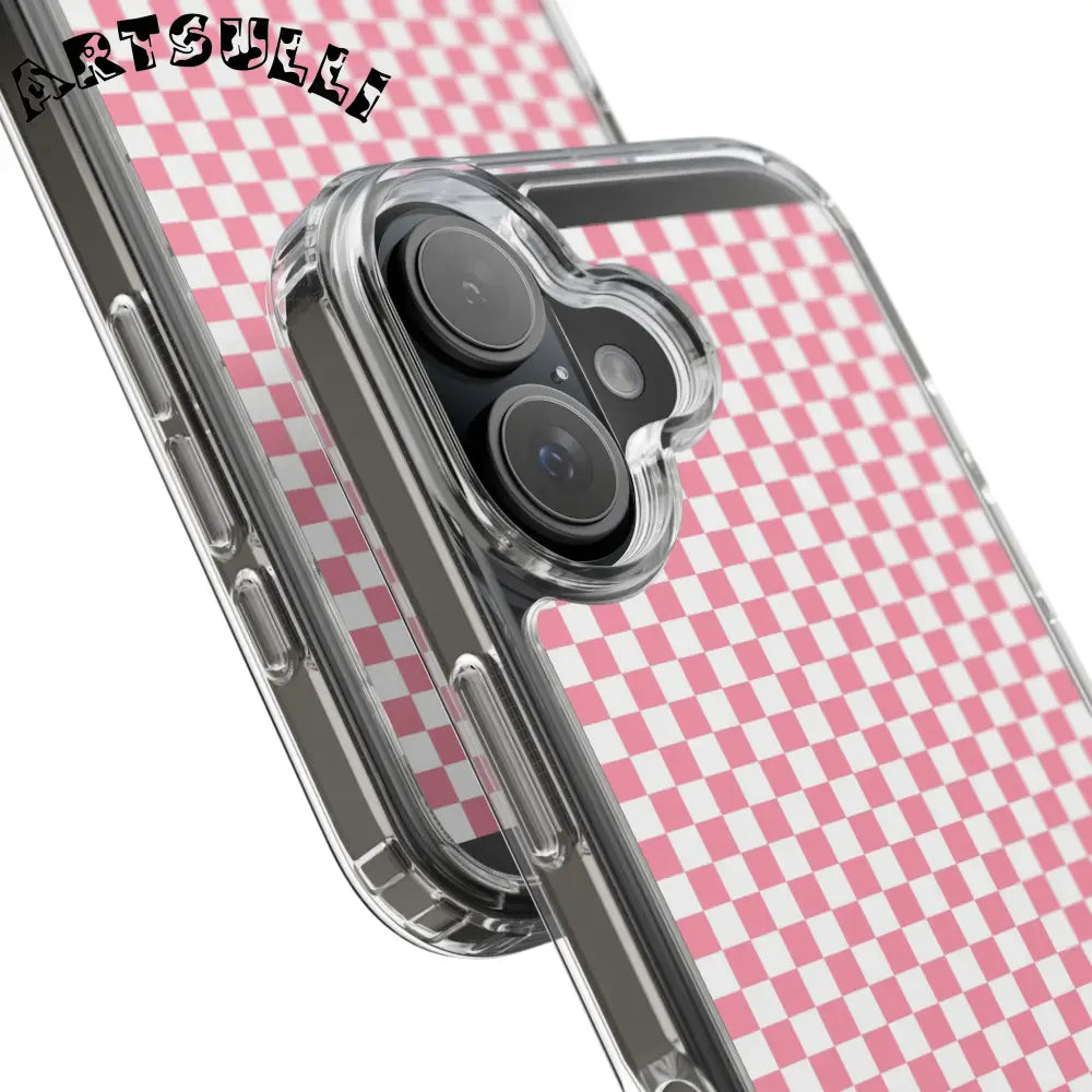 JAKKOUTTHEBXX Pink and White Checkered Clear Case for iPhone 2025