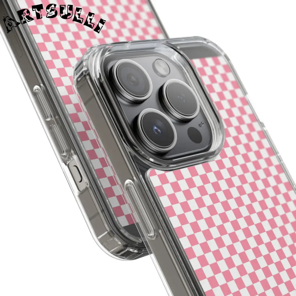 JAKKOUTTHEBXX Pink and White Checkered Clear Case for iPhone 2025