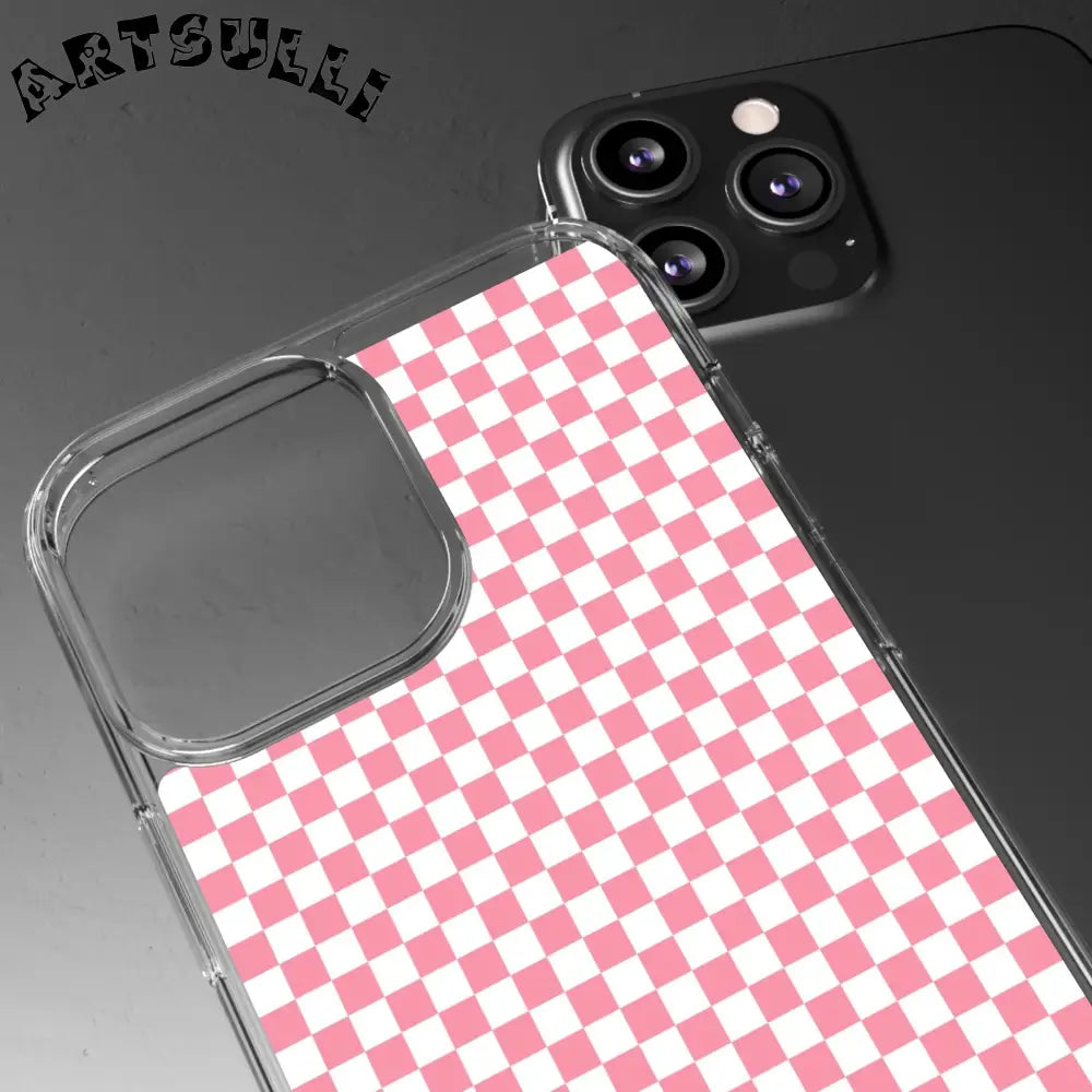 JAKKOUTTHEBXX Pink and White Checkered Clear Case for iPhone 2025