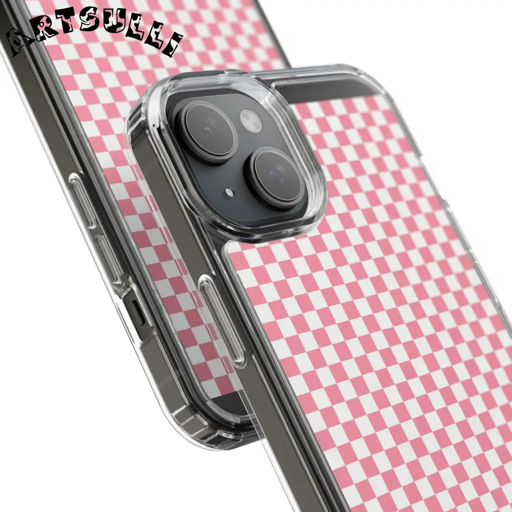 JAKKOUTTHEBXX Pink and White Checkered Clear Case for iPhone 2025