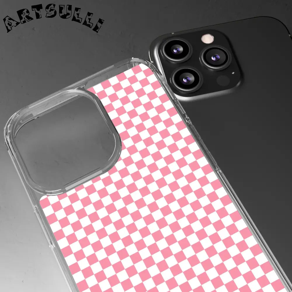 JAKKOUTTHEBXX Pink and White Checkered Clear Case for iPhone 2025