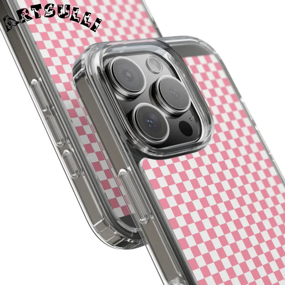 JAKKOUTTHEBXX Pink and White Checkered Clear Case for iPhone 2025