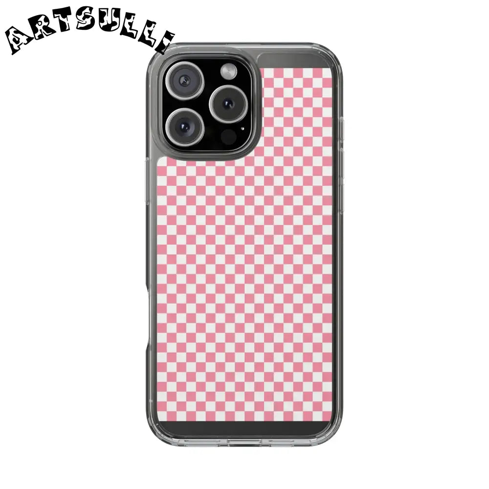JAKKOUTTHEBXX Pink and White Checkered Clear Case for iPhone 2025