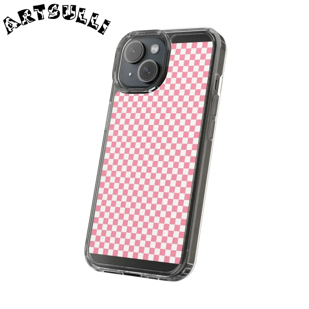 JAKKOUTTHEBXX Pink and White Checkered Clear Case for iPhone 2025