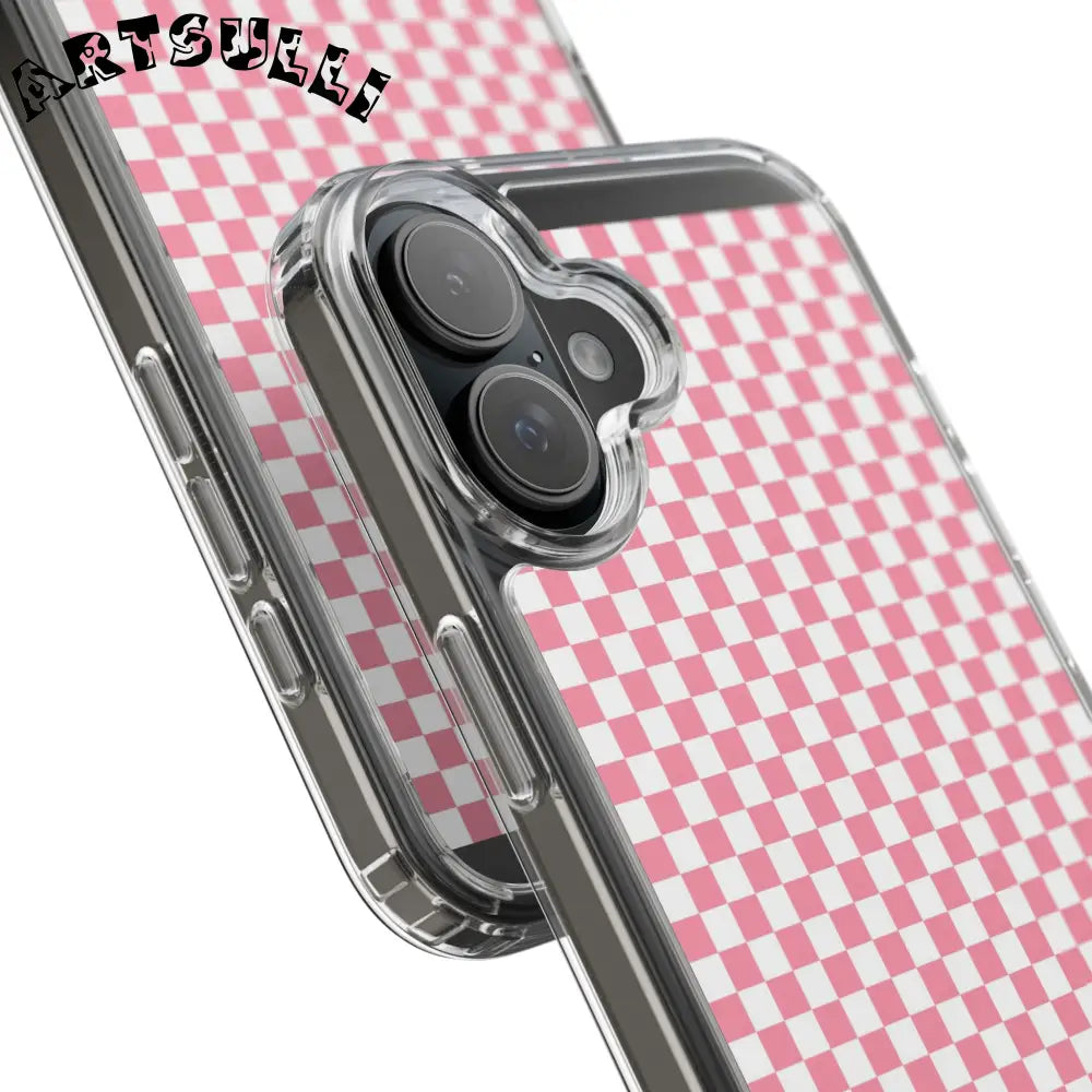 JAKKOUTTHEBXX Pink and White Checkered Clear Case for iPhone 2025