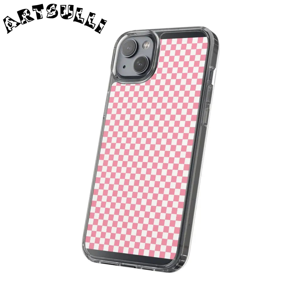 JAKKOUTTHEBXX Pink and White Checkered Clear Case for iPhone 2025