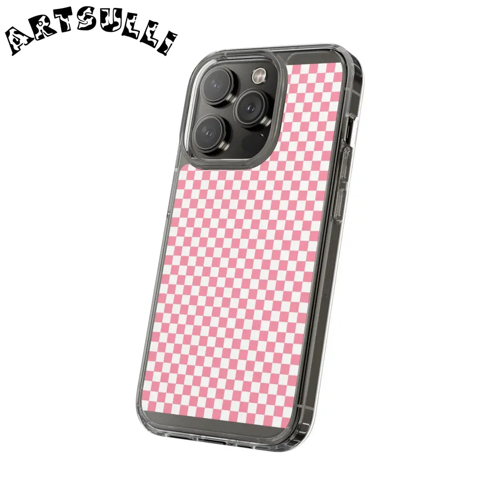 JAKKOUTTHEBXX Pink and White Checkered Clear Case for iPhone 2025