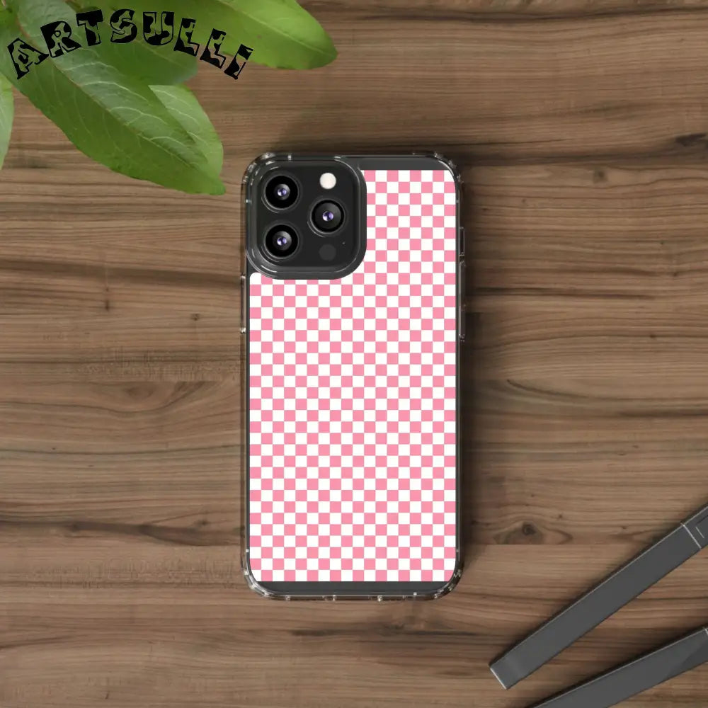 JAKKOUTTHEBXX Pink and White Checkered Clear Case for iPhone 2025