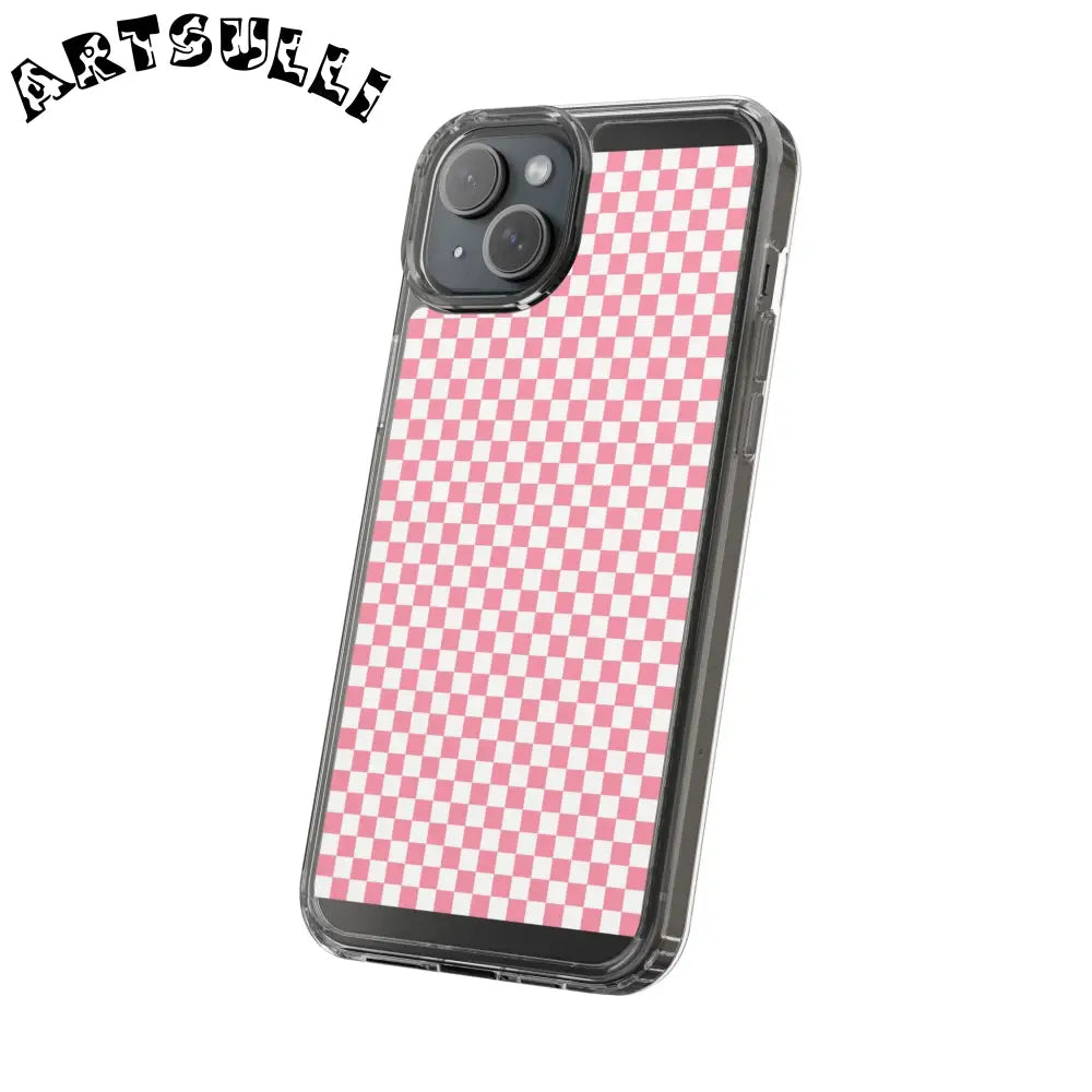 JAKKOUTTHEBXX Pink and White Checkered Clear Case for iPhone 2025