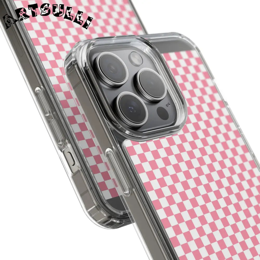 JAKKOUTTHEBXX Pink and White Checkered Clear Case for iPhone 2025