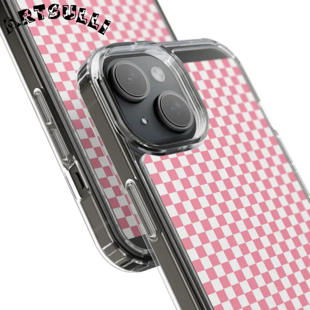 JAKKOUTTHEBXX Pink and White Checkered Clear Case for iPhone 2025