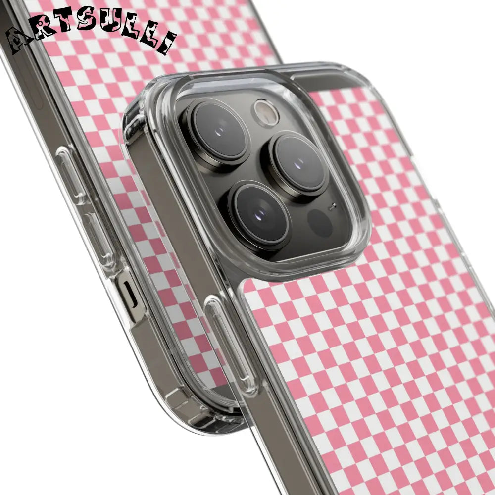 JAKKOUTTHEBXX Pink and White Checkered Clear Case for iPhone 2025