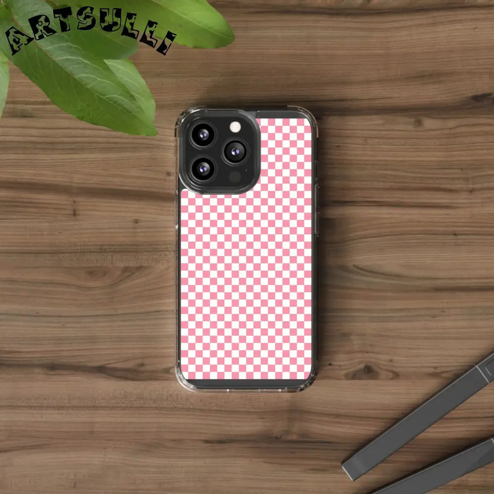JAKKOUTTHEBXX Pink and White Checkered Clear Case for iPhone 2025
