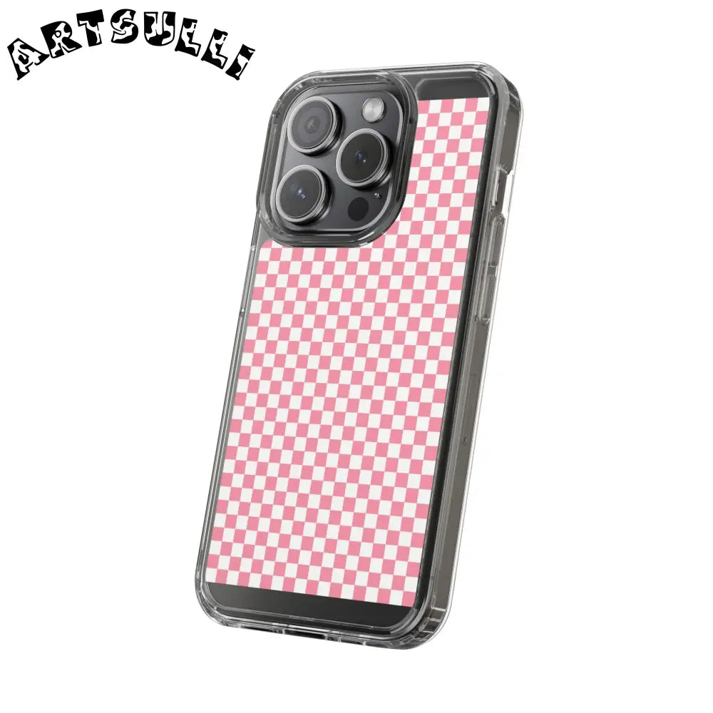 JAKKOUTTHEBXX Pink and White Checkered Clear Case for iPhone 2025