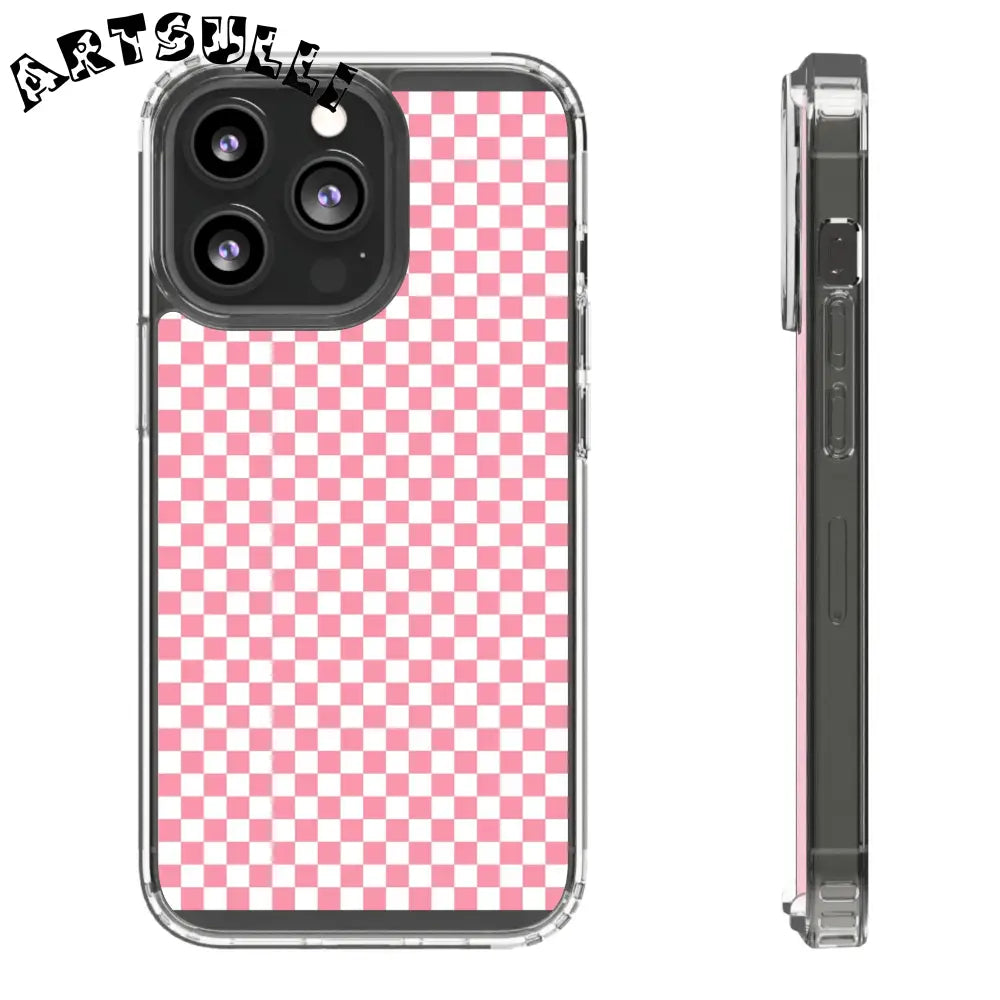 JAKKOUTTHEBXX Pink and White Checkered Clear Case for iPhone 2025