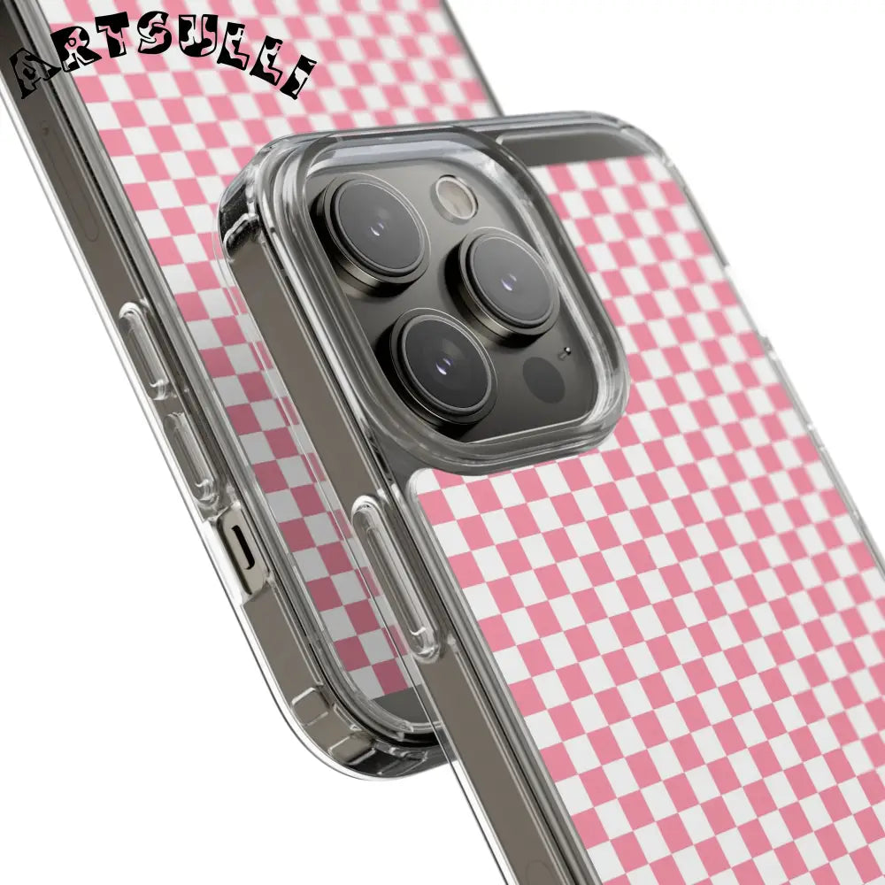 JAKKOUTTHEBXX Pink and White Checkered Clear Case for iPhone 2025