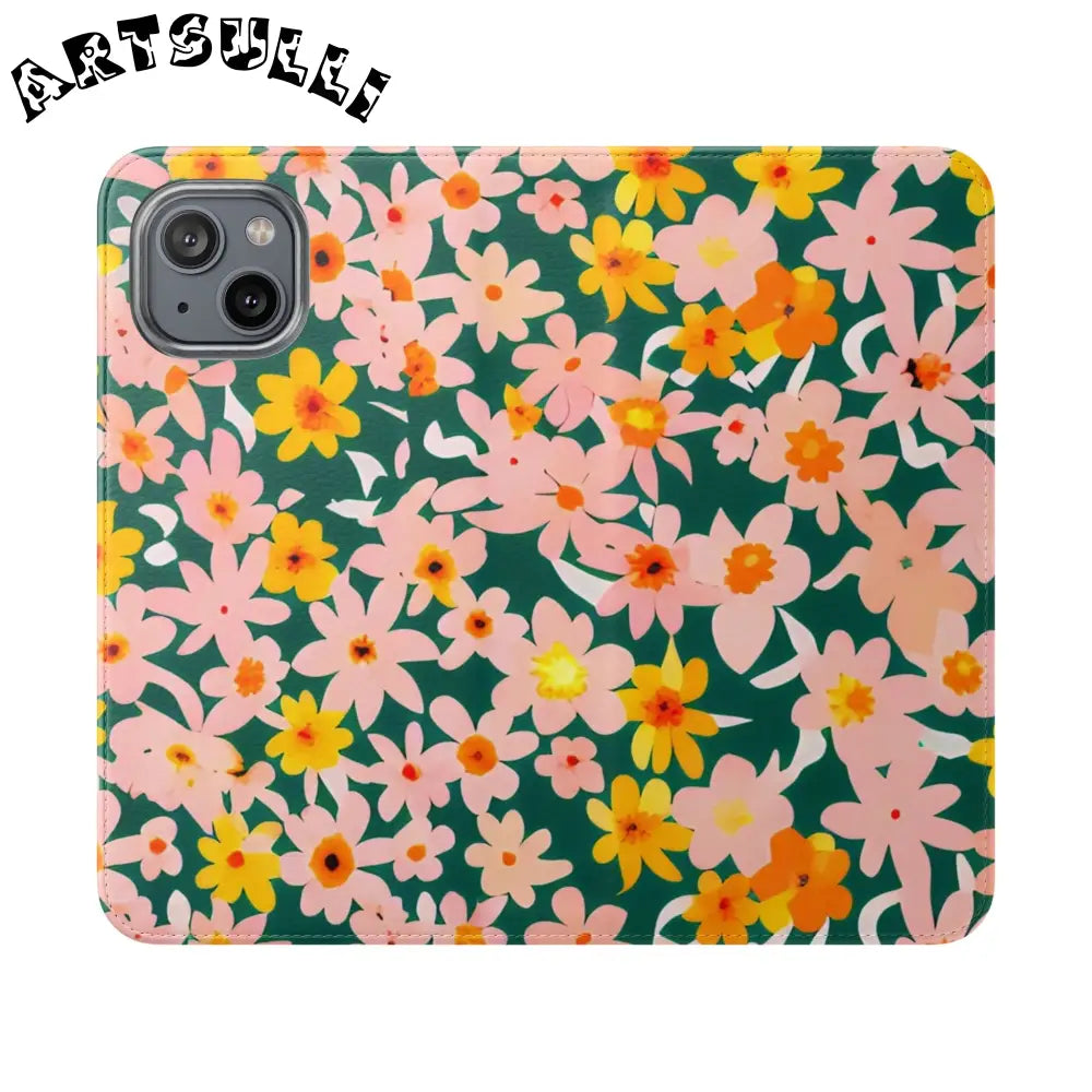 Floral Pattern Faux Leather Flip Cases, Artsulli - Art is Long, Life is Short, Phone Case, Size, iPhone 14, , , , , 32877085893262678398