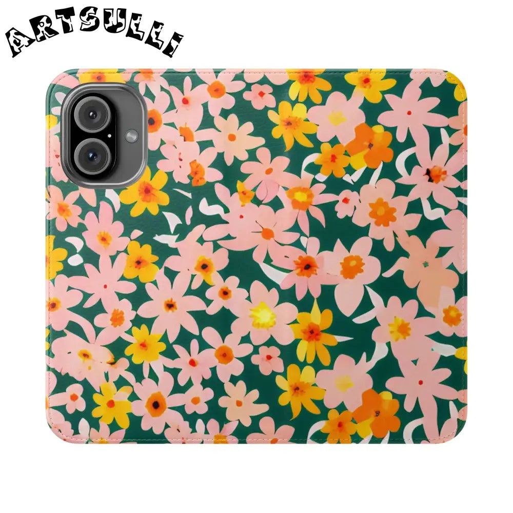 Floral Pattern Faux Leather Flip Cases, Artsulli - Art is Long, Life is Short, Phone Case, Size, iPhone 16, , , , , 27579023921046113718