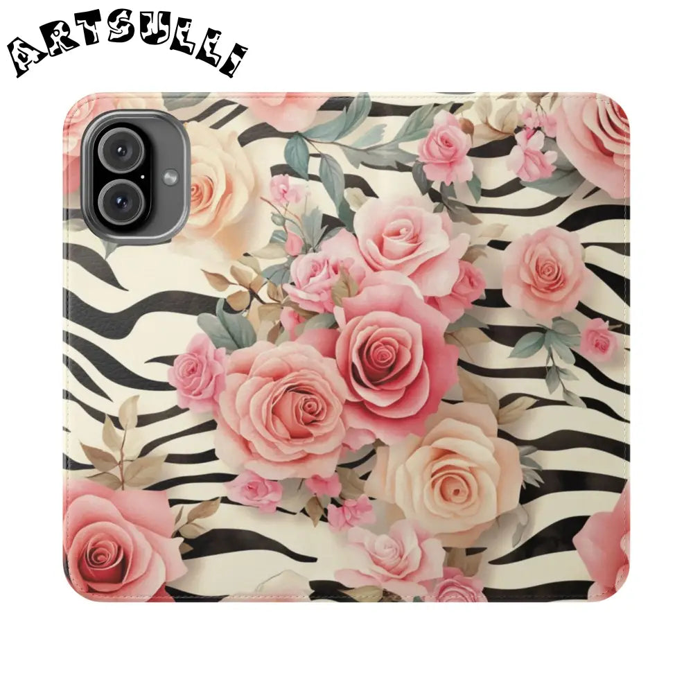 Floral Zebra Print Flip Cases, Artsulli - Art is Long, Life is Short, Phone Case, Size, iPhone 16 Plus, , , , , 20937133055727149166